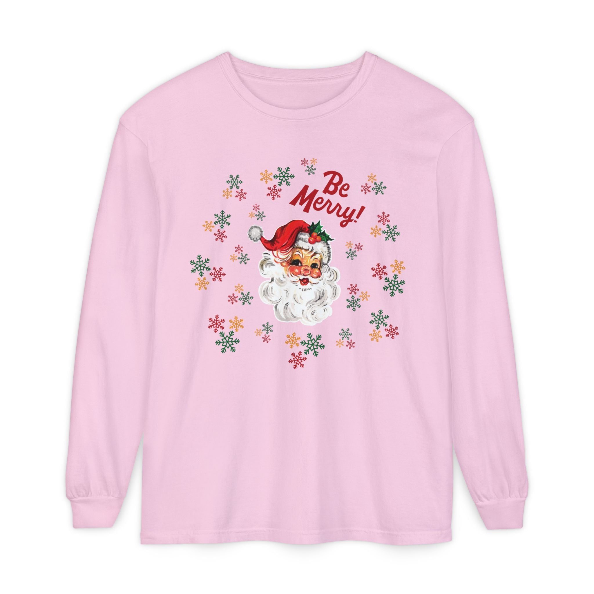 Santa 'Be Merry' Christmas Long Sleeve T-Shirt, Comfort Colors Vintage Santa Holiday Tee