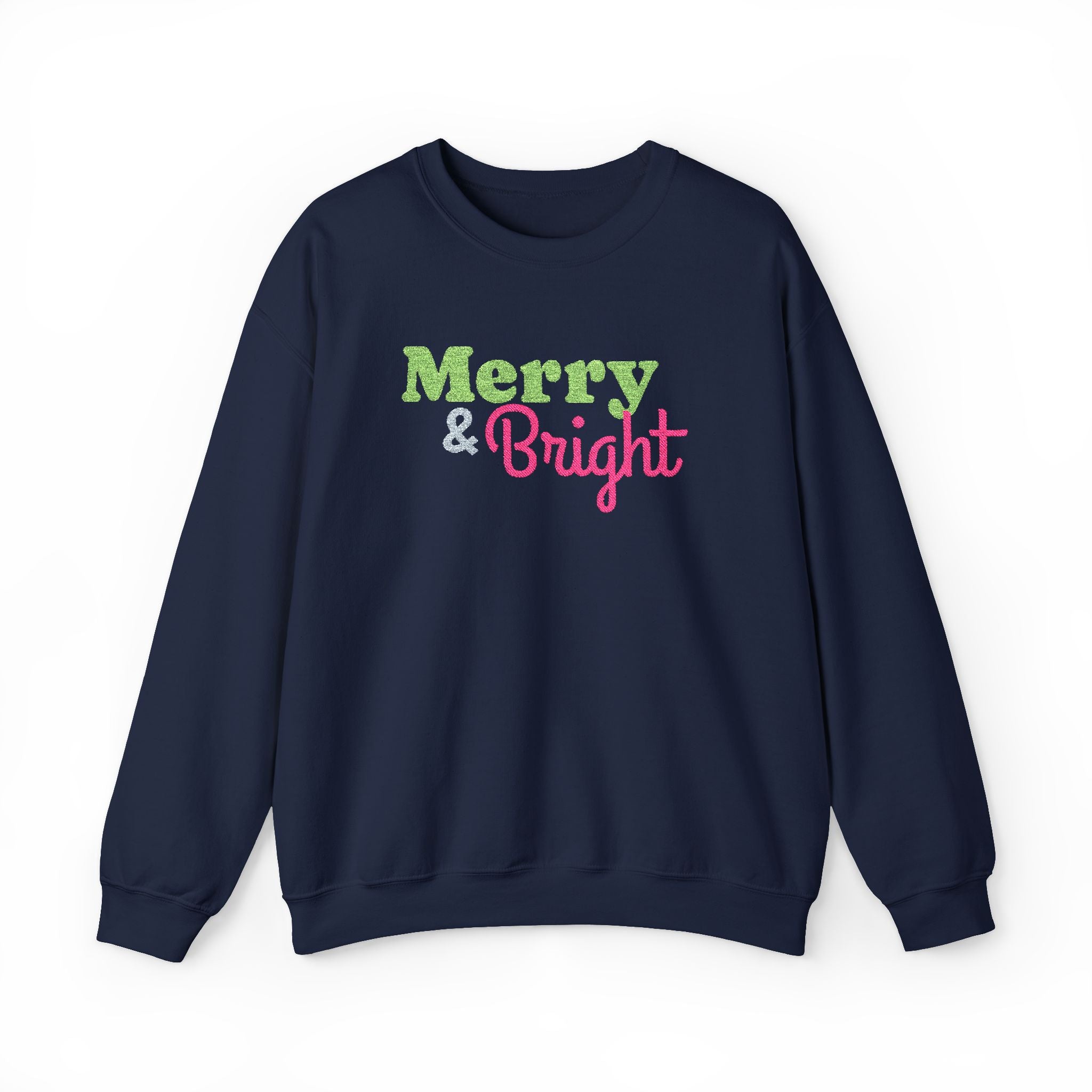 Merry and Bright Embroidered Christmas Crewneck Sweatshirt,  Pink Lime Green Holiday Sweater