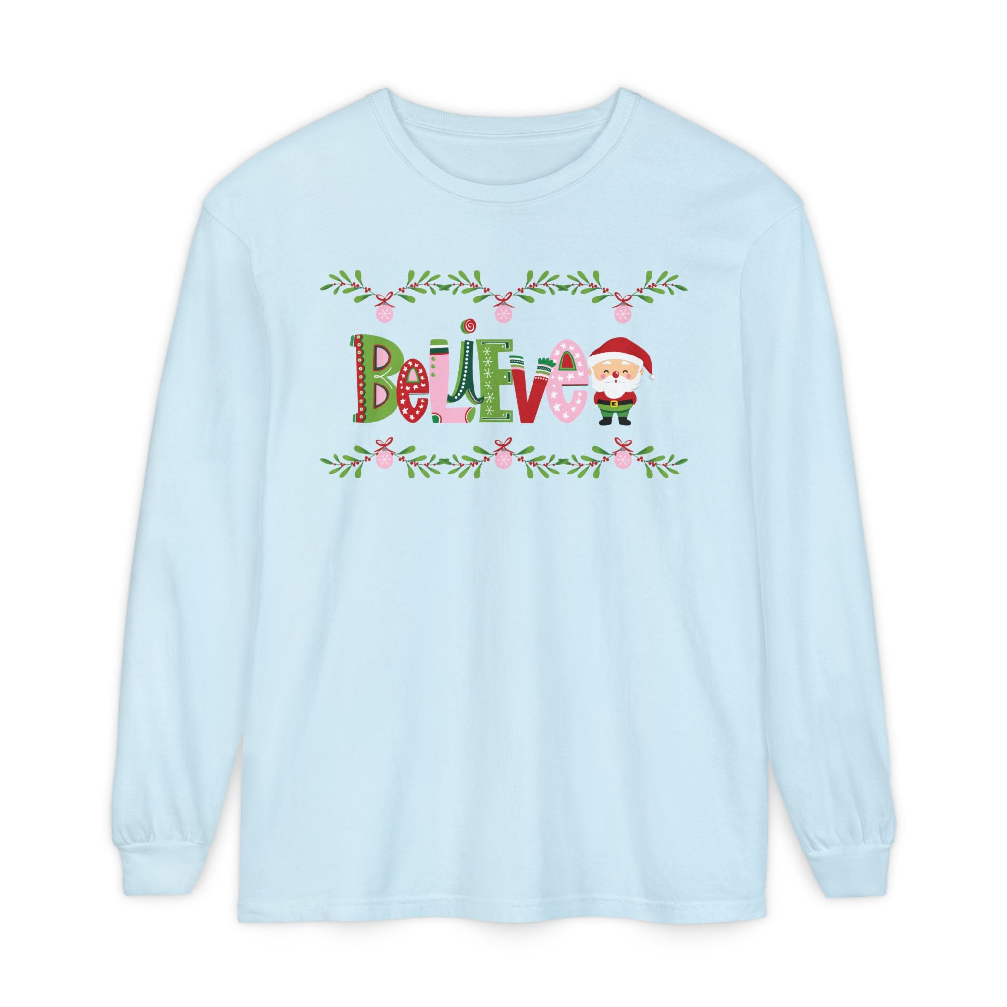 Believe Santa Comfort Colors Long Sleeve T-shirt, Pink Green Red Christmas Tee, Holiday Shirt
