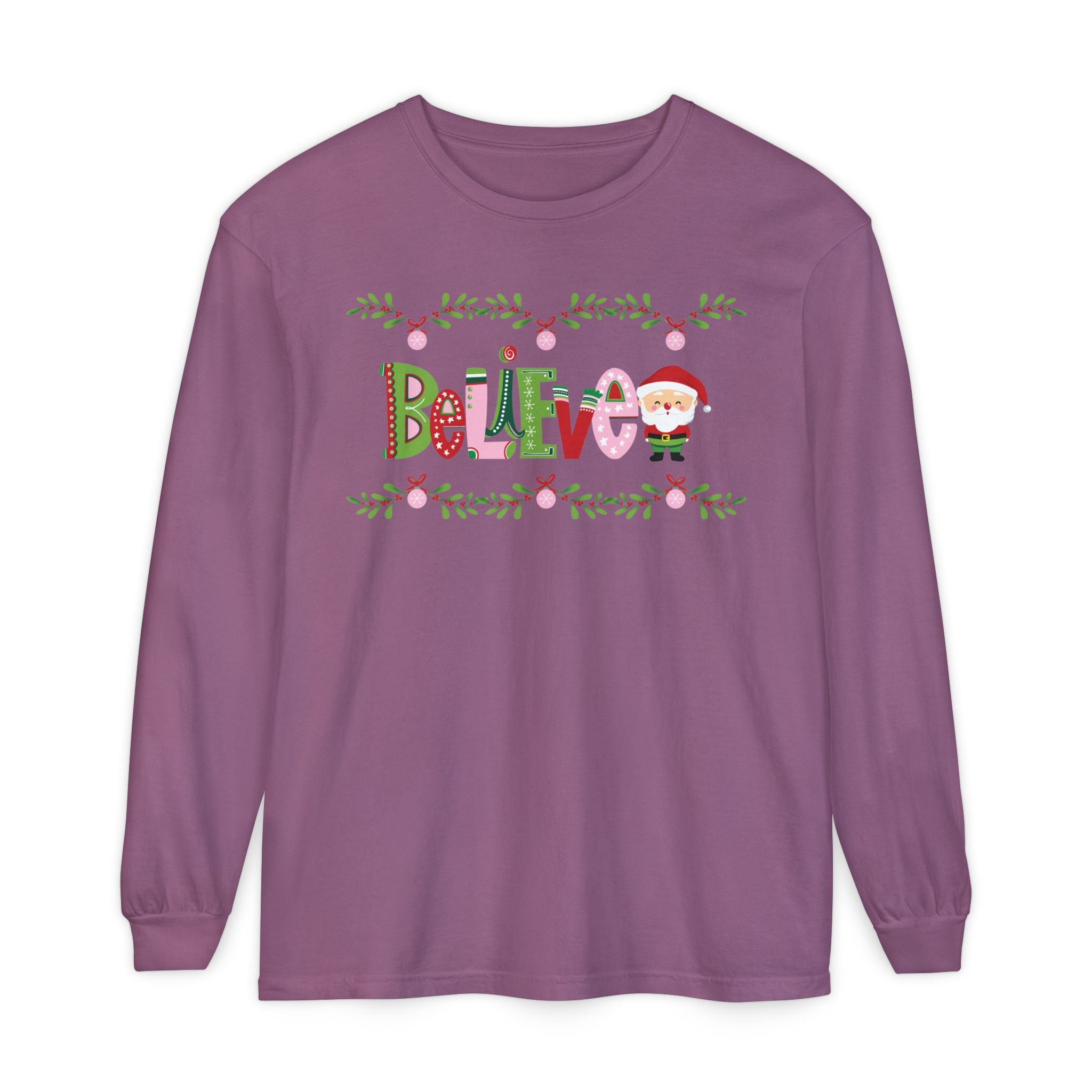 Believe Santa Comfort Colors Long Sleeve T-shirt, Pink Green Red Christmas Tee, Holiday Shirt