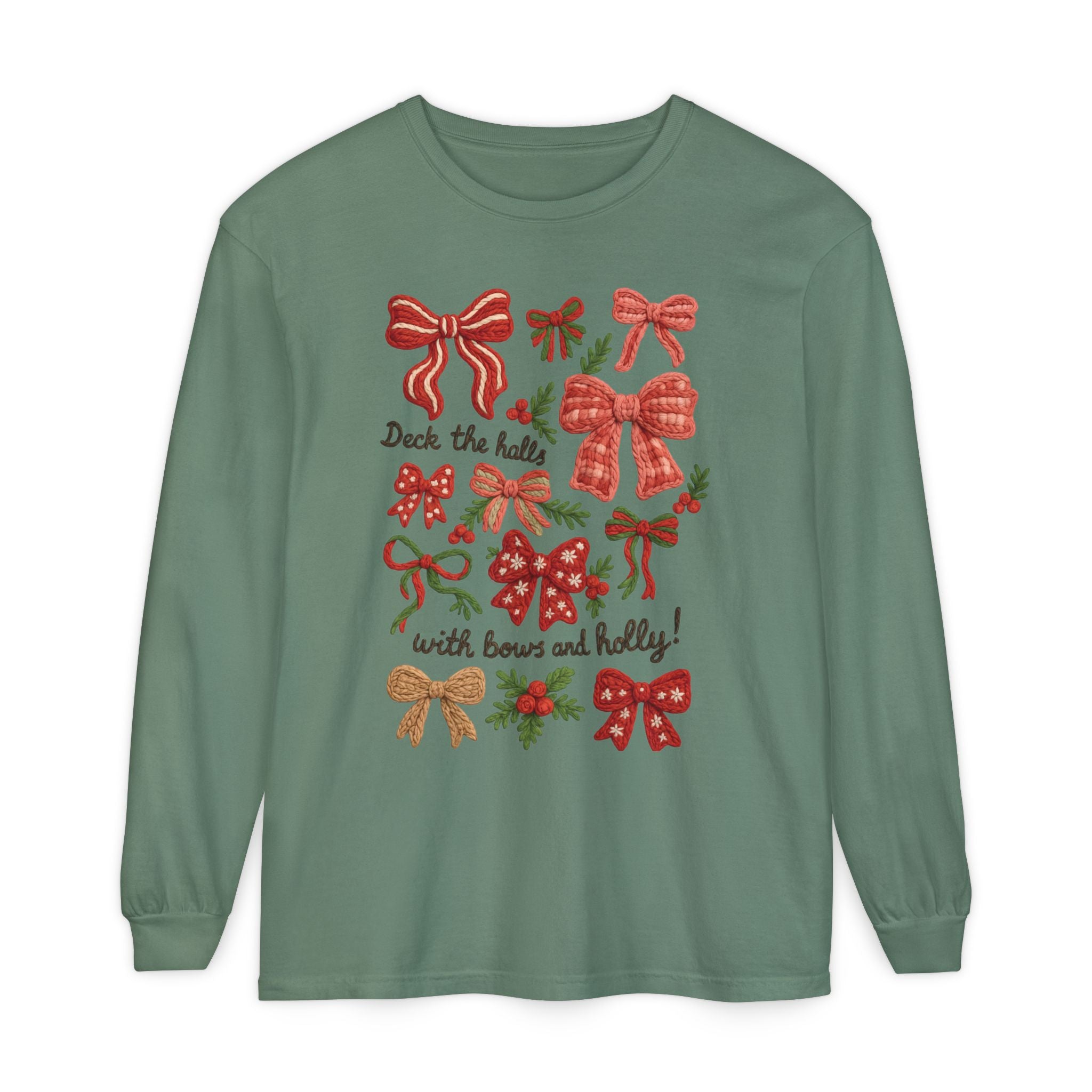 Christmas Bow "Deck the Halls with Bows and Holly" Comfort Colors Long Sleeve Shirt, Faux Embroidery,  Holiday t-shirt