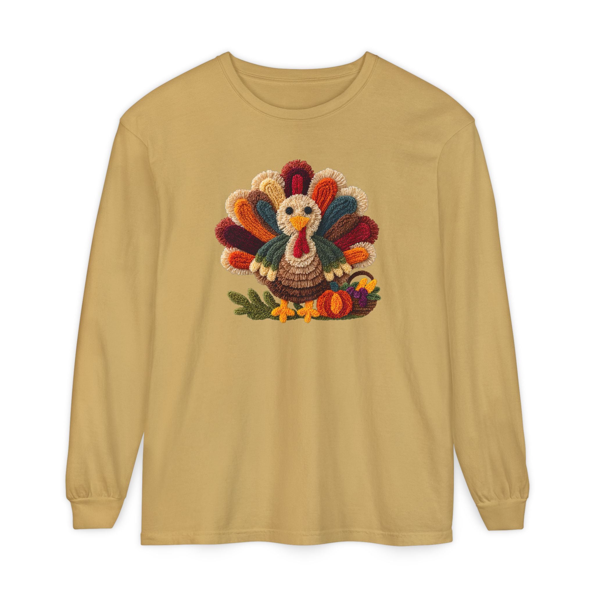 Faux Embroidery Turkey Comfort Colors Long Sleeve T-Shirt, Cute Women's Thanksgiving Shirt