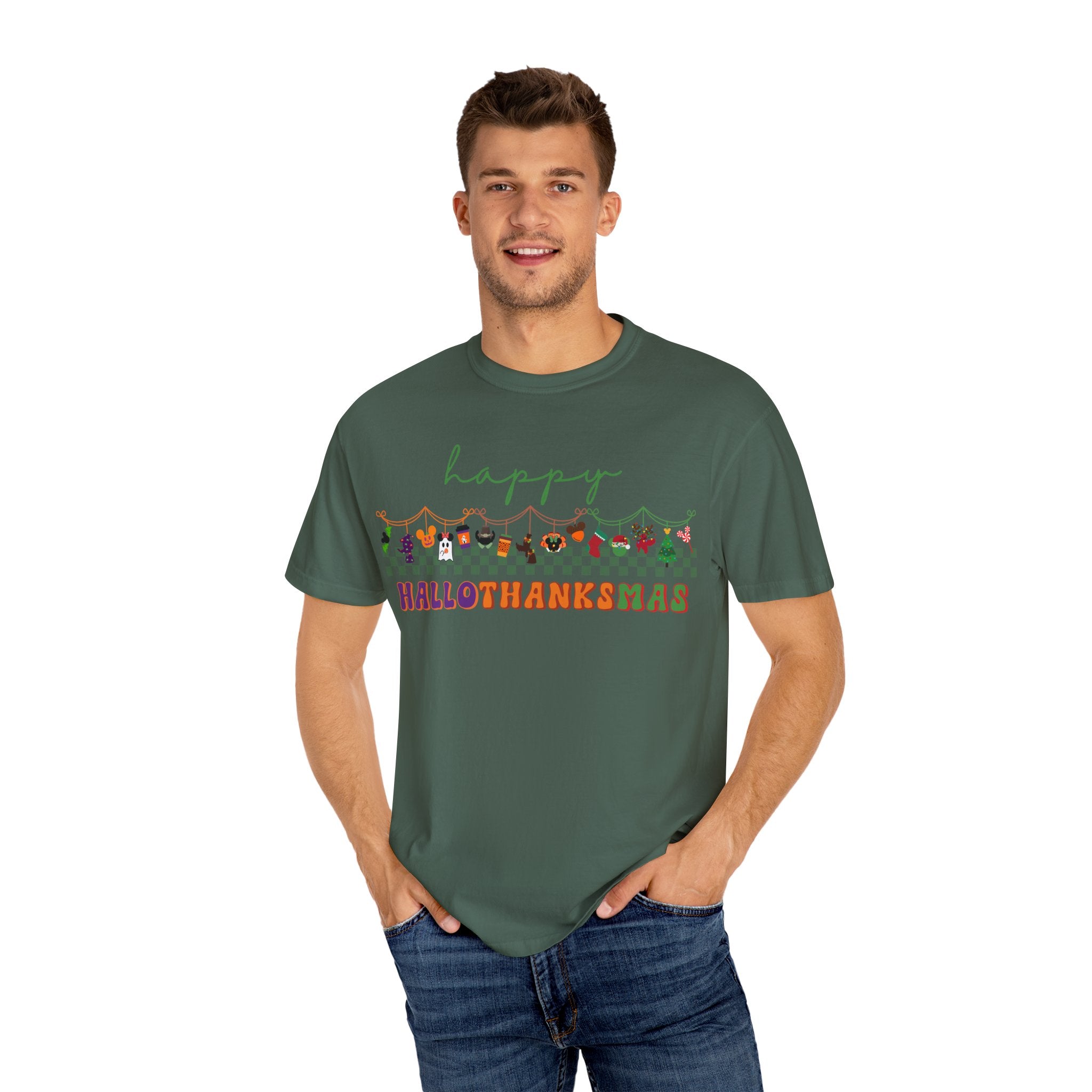 Happy Hallothanksmas Comfort Colors Shirt, Theme Park Style, Halloween Thanksgiving Christmas Tee