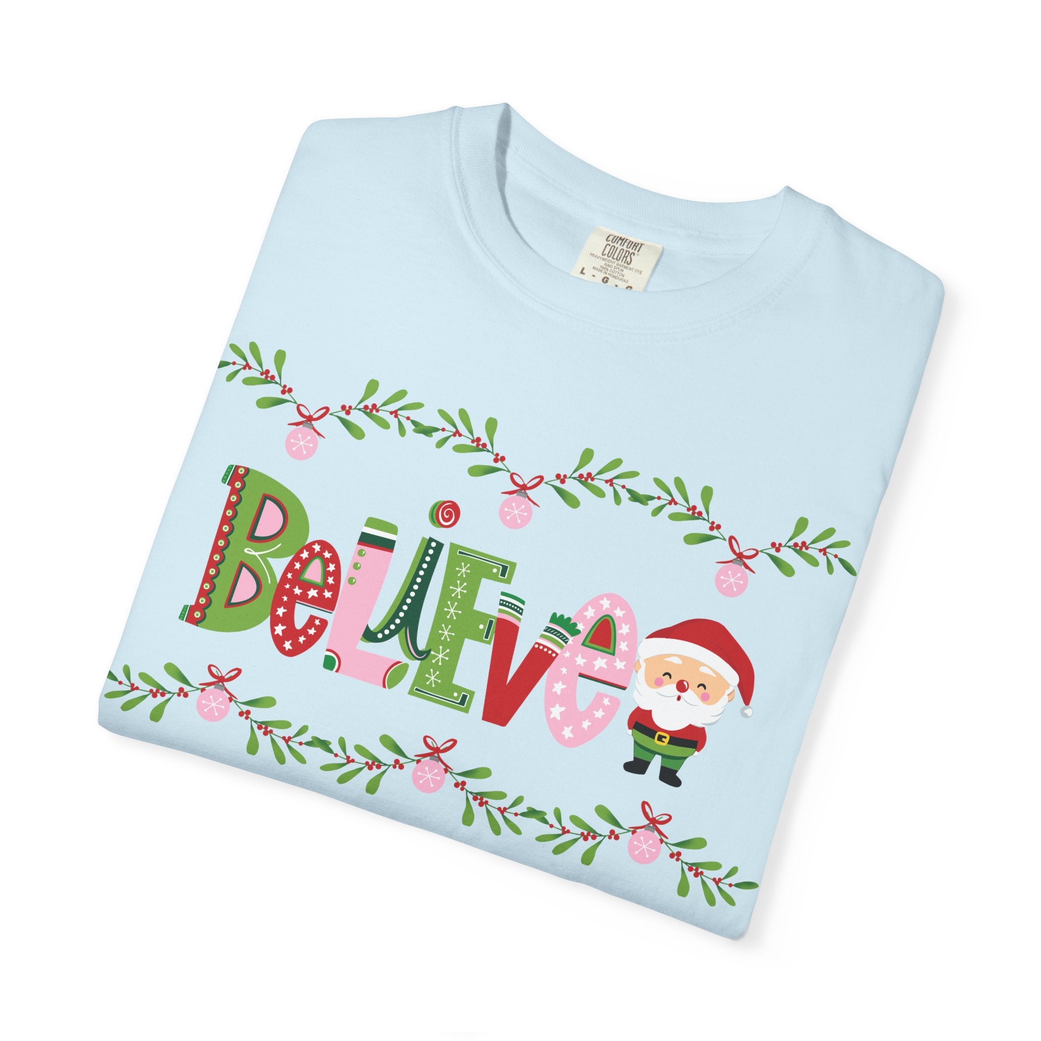 Believe Santa Comfort Colors T-shirt, Pink Green Red Christmas Tee, Holiday Shirt