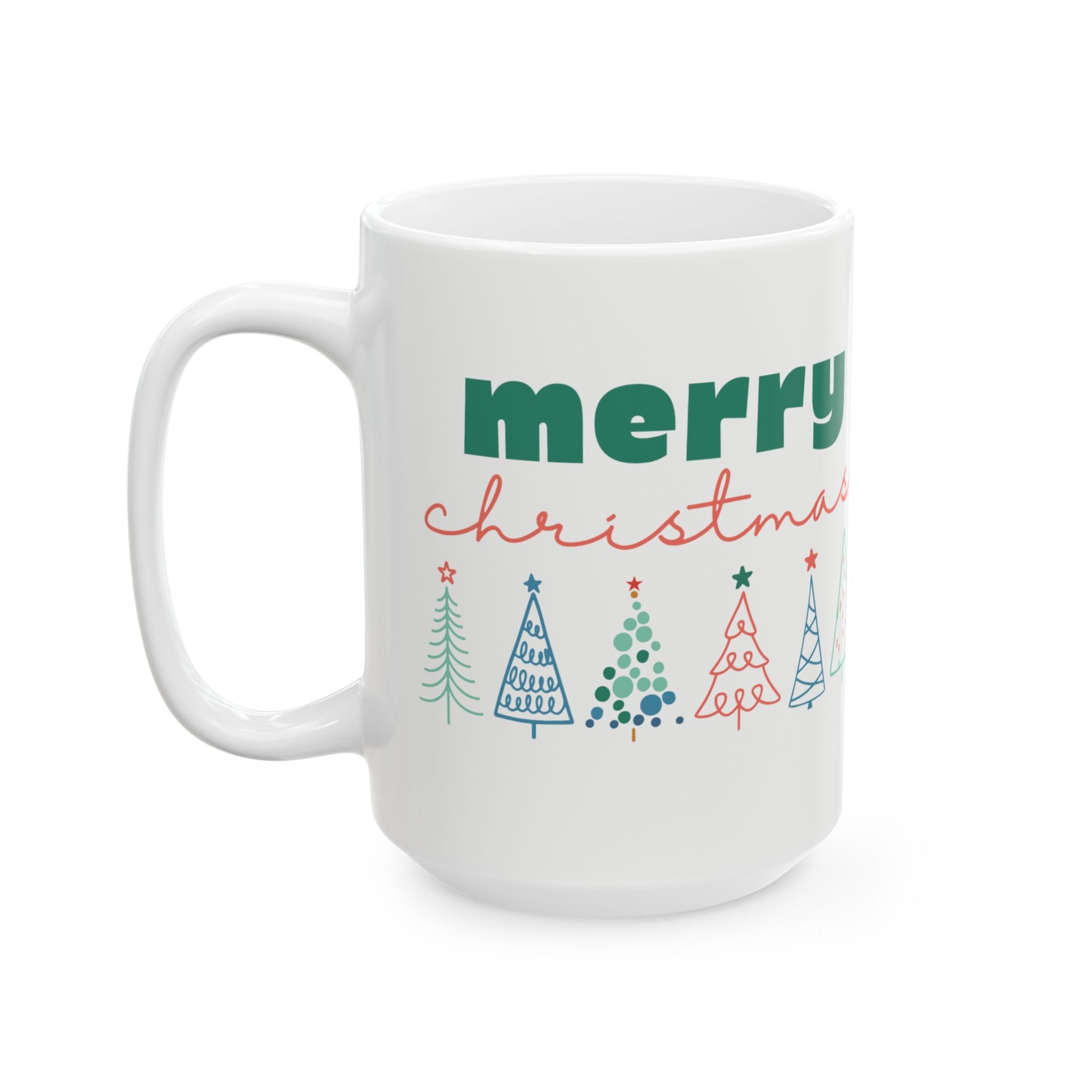 Merry Christmas Line-drawn Christmas Trees Coffee Cup, White Festive Holiday Mug, Holiday Decor, Christmas Celebration