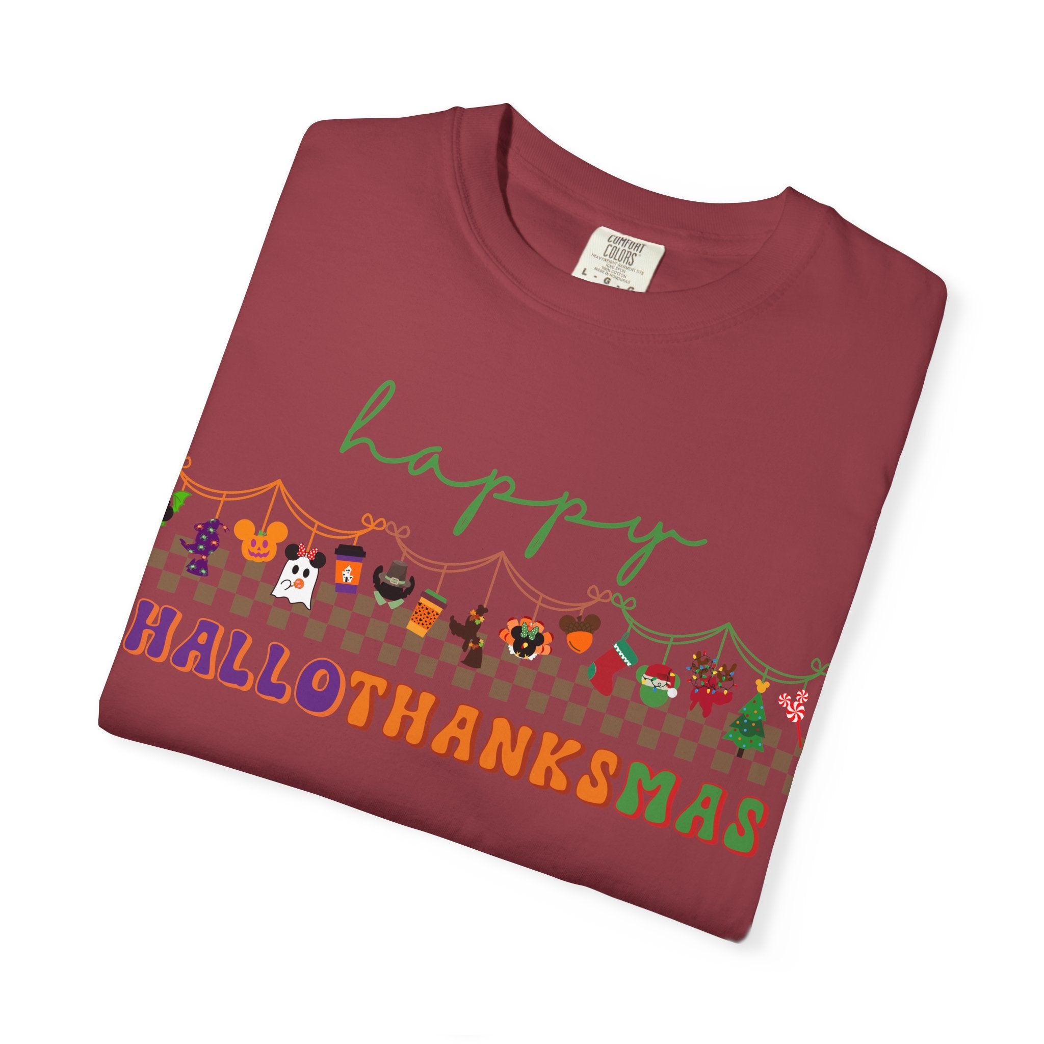 Happy Hallothanksmas Comfort Colors Shirt, Theme Park Style, Halloween Thanksgiving Christmas Tee