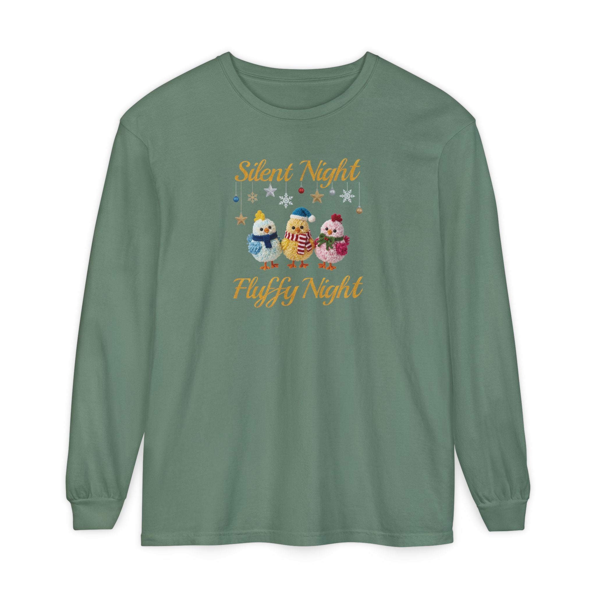 Silent Night Fluffy Night Long Sleeve T-Shirt | Cute Chick Christmas Comfort Colors Tee | Funny Holiday Shirt | Cozy Winter Top