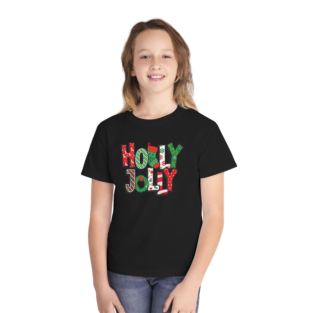 Holly Jolly Youth Comfort Colors T-shirt, Kids Christmas Shirt, Matching Family Pajamas, Holiday Tee