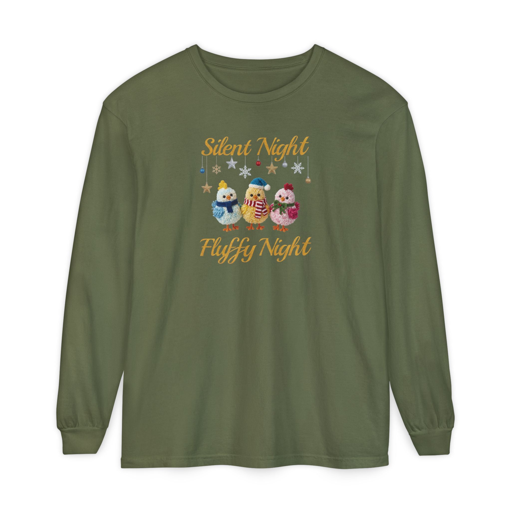 Silent Night Fluffy Night Long Sleeve T-Shirt | Cute Chick Christmas Comfort Colors Tee | Funny Holiday Shirt | Cozy Winter Top