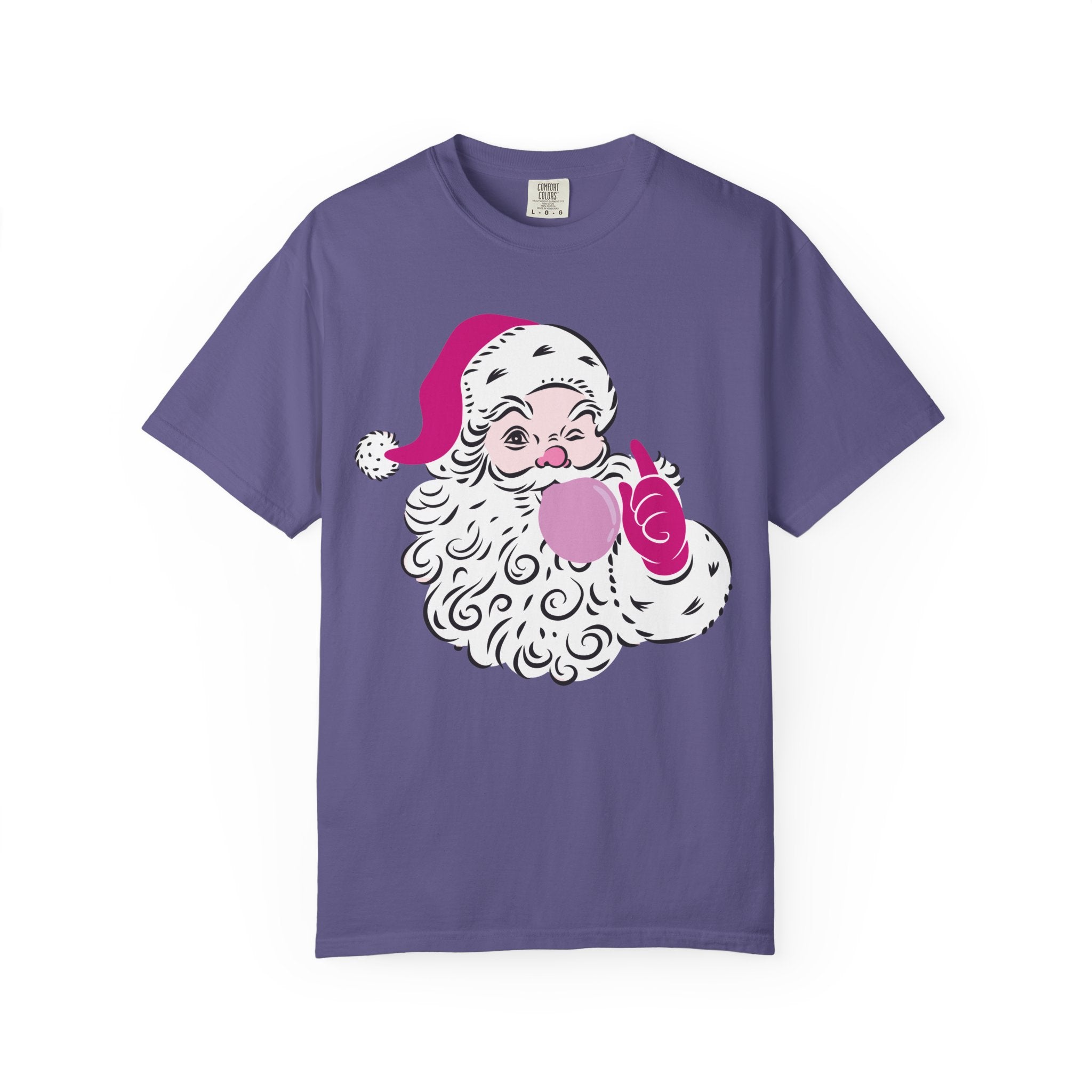Pink Winking Santa Blowing Bubble Comfort Color T-Shirt. Merry Christmas Tee, Woman's Holiday Shirt