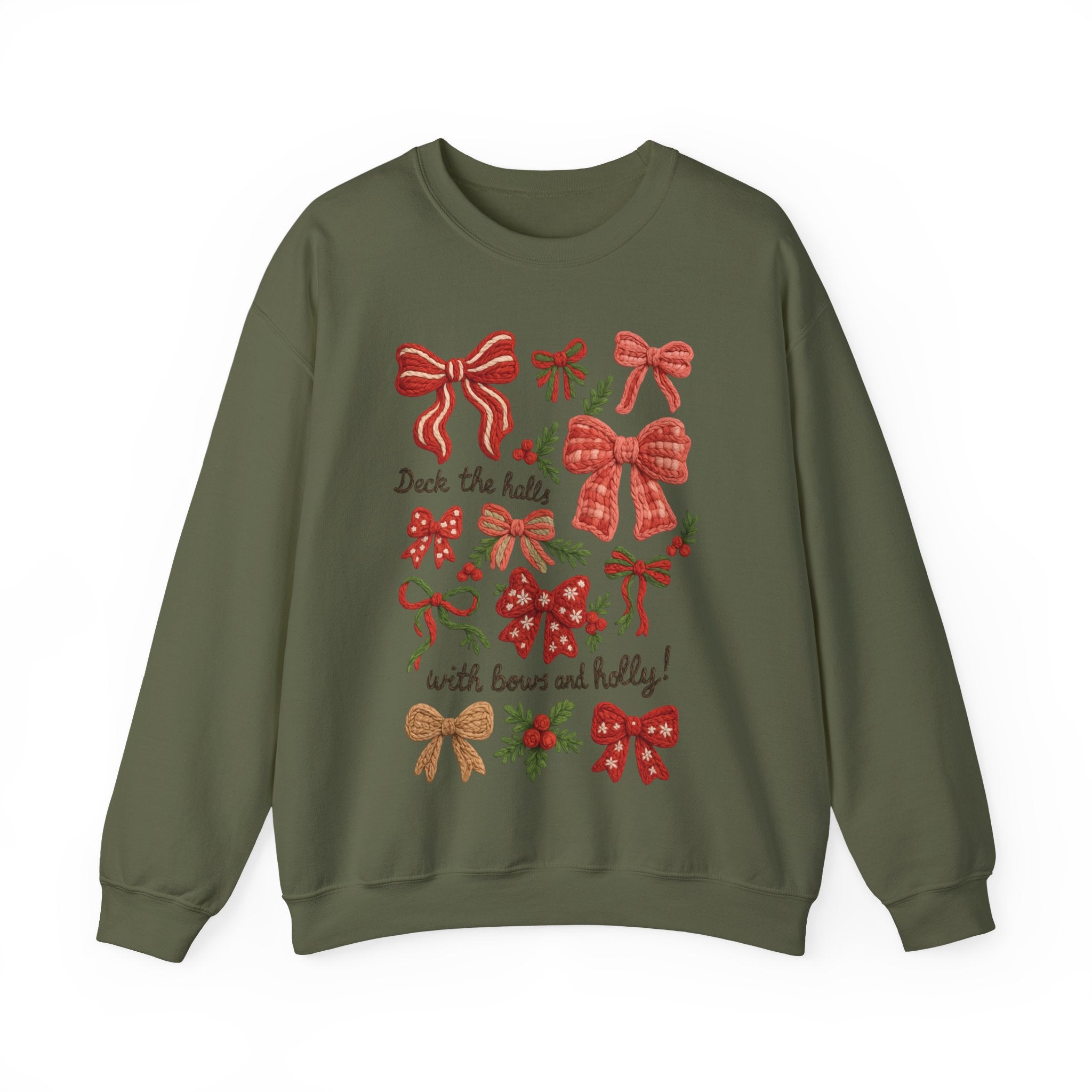 Christmas Bow "Deck the Halls with Bows and Holly" Gildan Sweatshirt, Faux Embroidery,  Holiday Crewneck