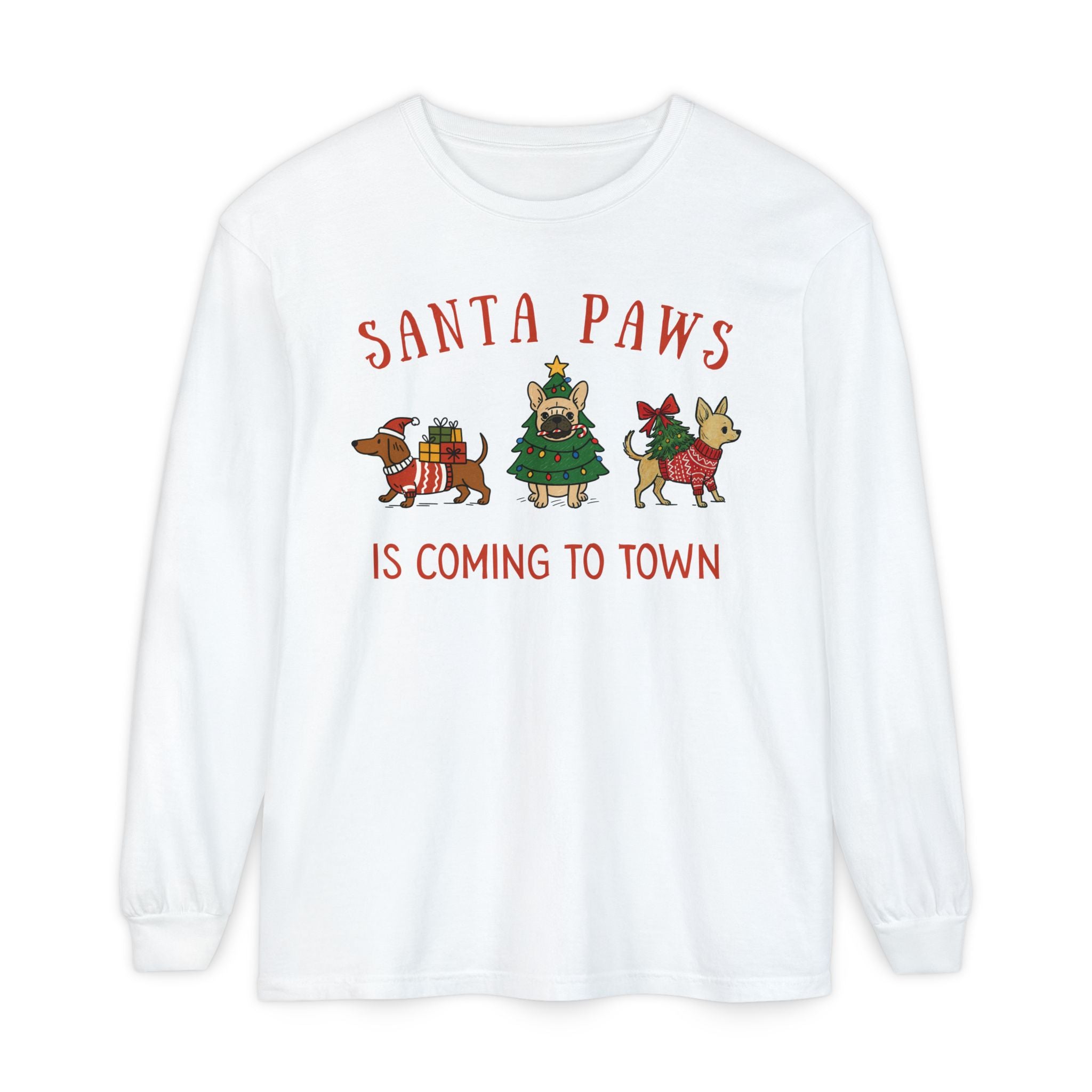 Santa Paws Is Coming To Town Long Sleeve Tee, Christmas Dog t-shirt, Holiday animal shirt