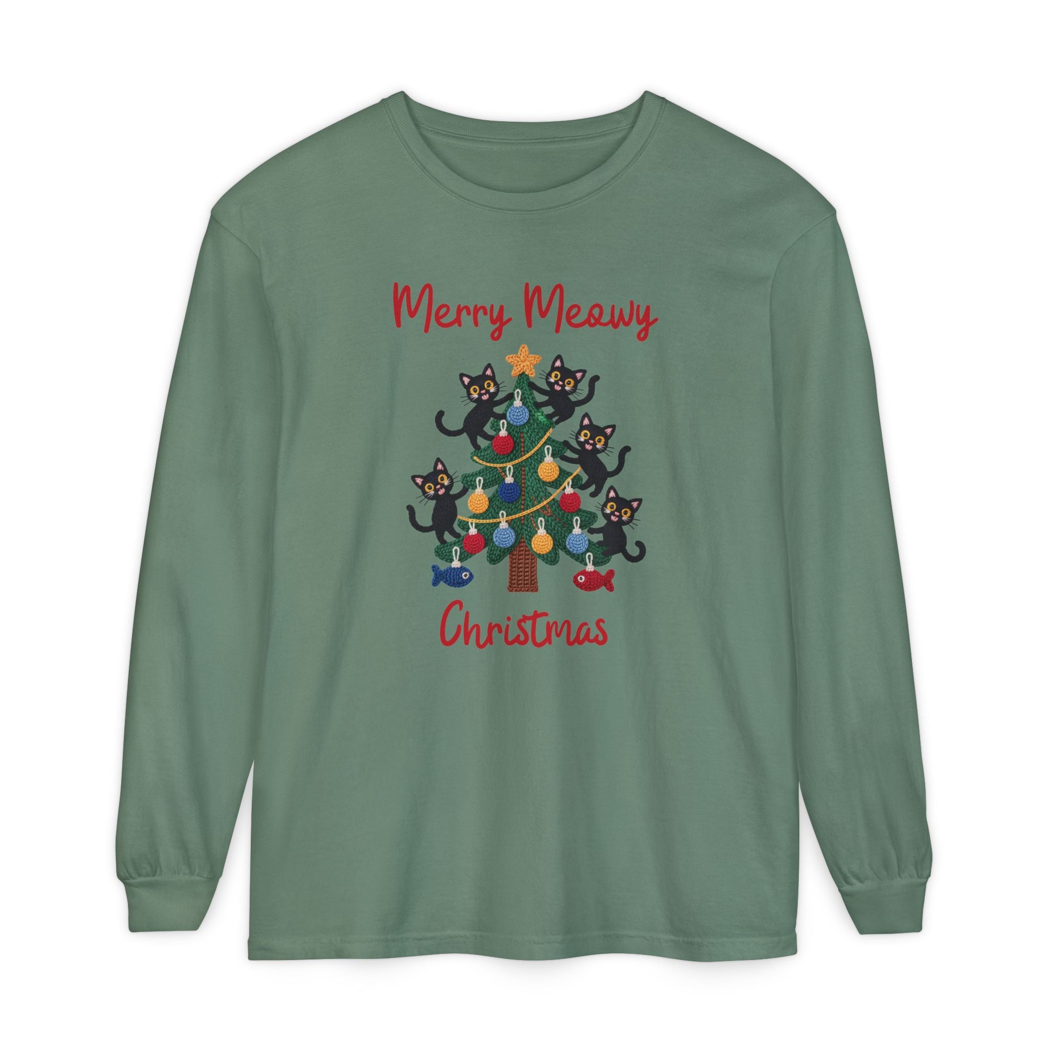 Merry Meowy Christmas Long Sleeve Tee, Cute Cat Christmas Tree Holiday Shirt, Comfort Colors
