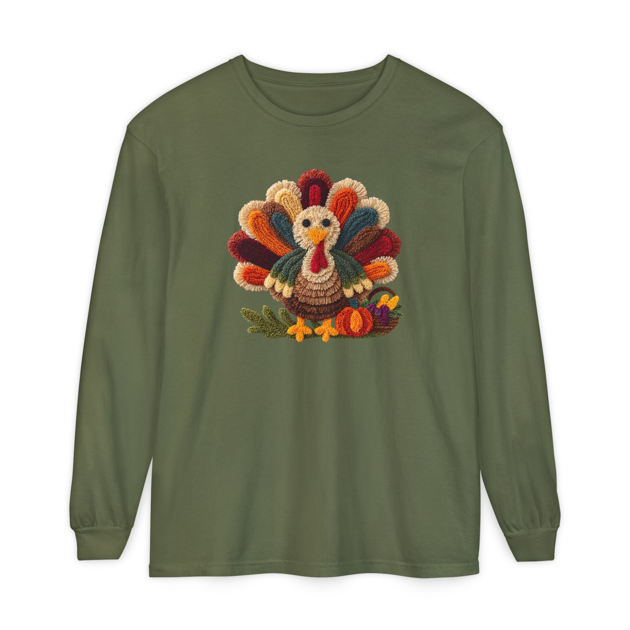 Faux Embroidery Turkey Comfort Colors Long Sleeve T-Shirt, Cute Women's Thanksgiving Shirt