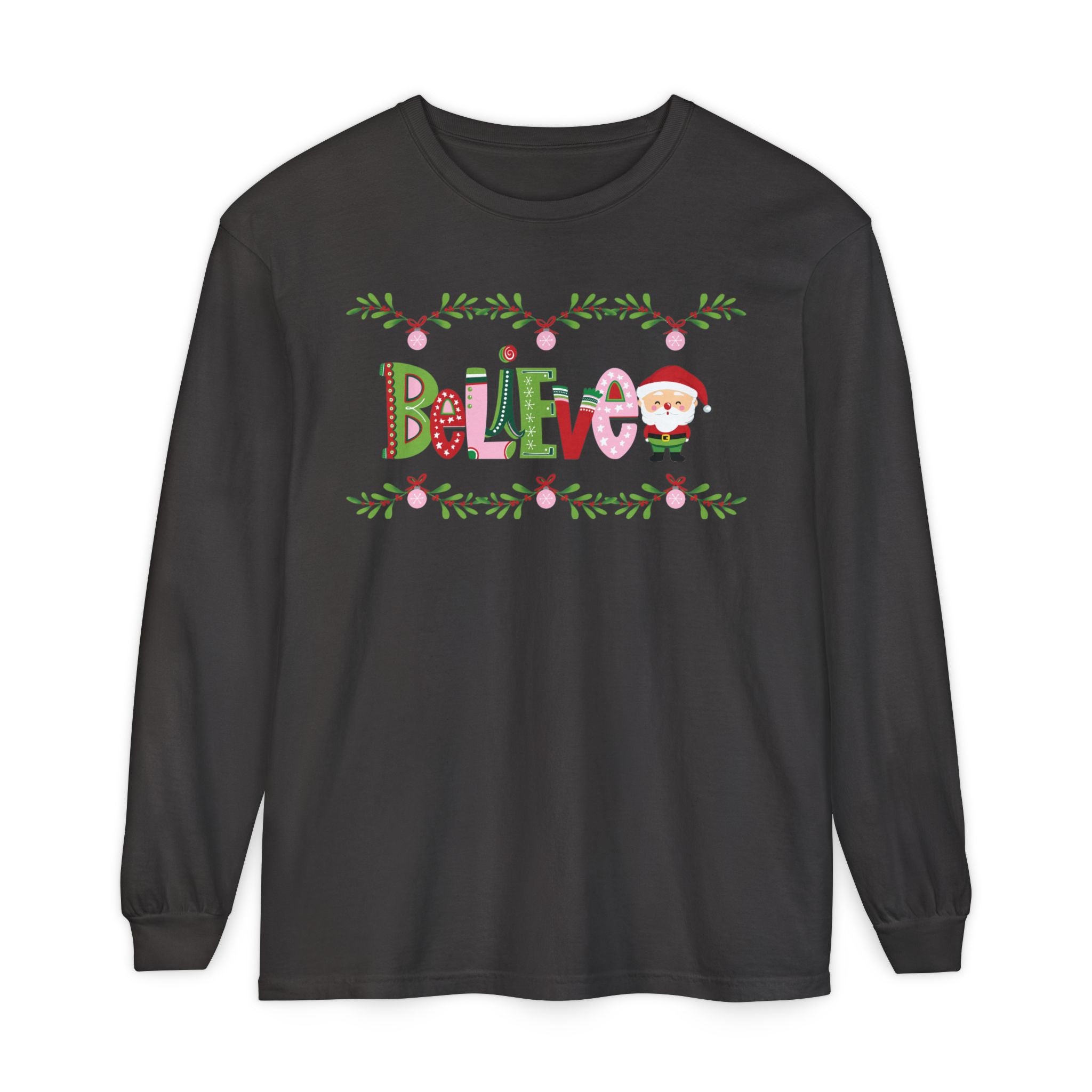 Believe Santa Comfort Colors Long Sleeve T-shirt, Pink Green Red Christmas Tee, Holiday Shirt