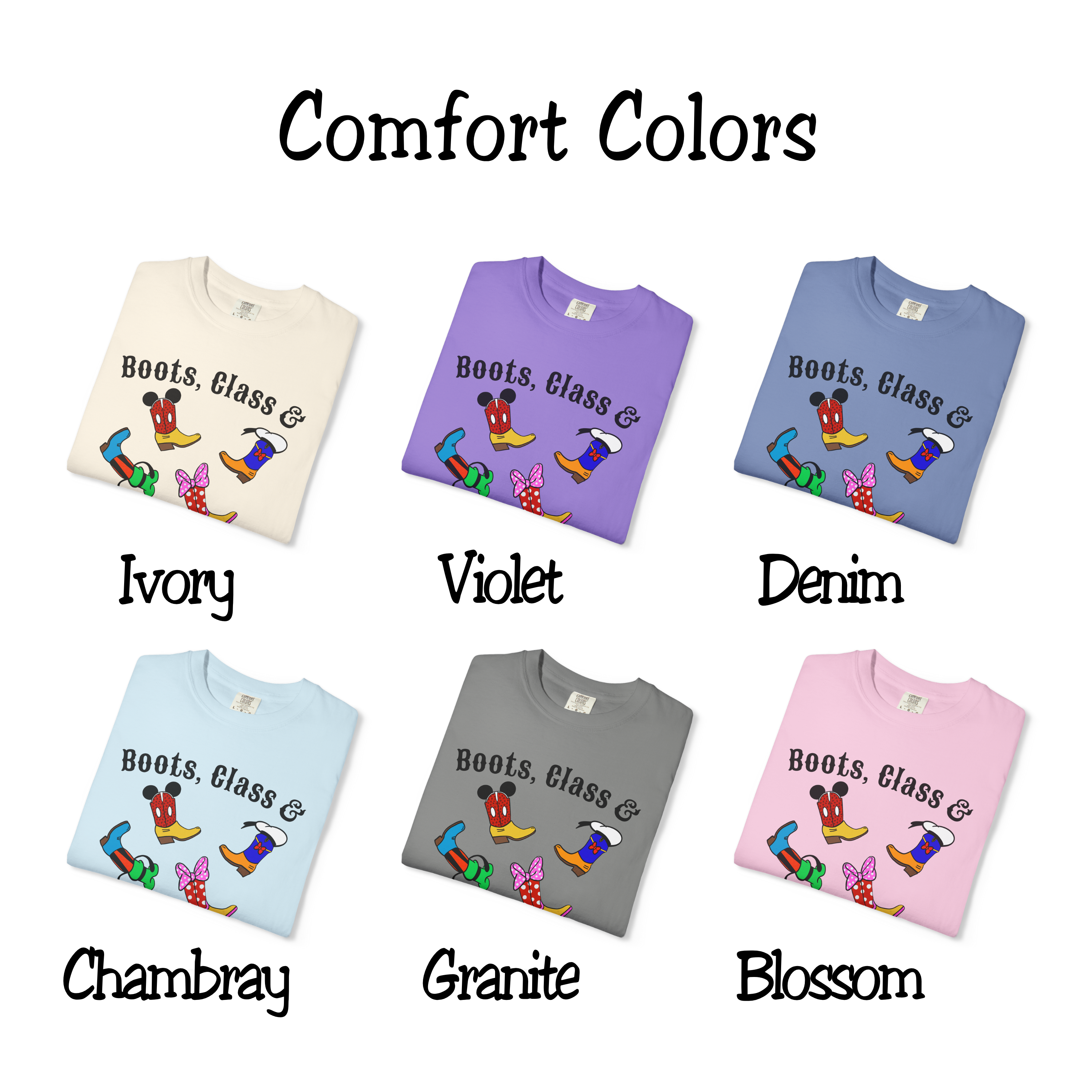 Boots Class and a Little Sass t-shirt, Adult Disney tee, Mickey, Minnie, Donald, Goofy, Cowboy boots, Cowgirl boots, Comfort Colors Unisex shirt