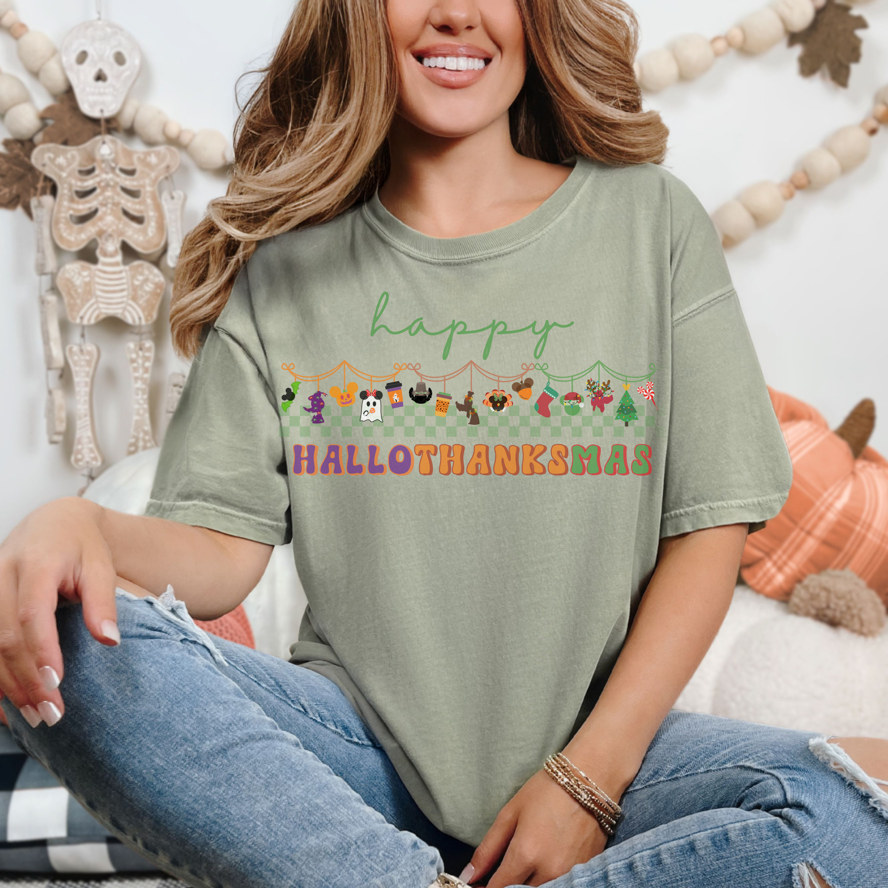 Happy Hallothanksmas Comfort Colors Shirt, Theme Park Style, Halloween Thanksgiving Christmas Tee