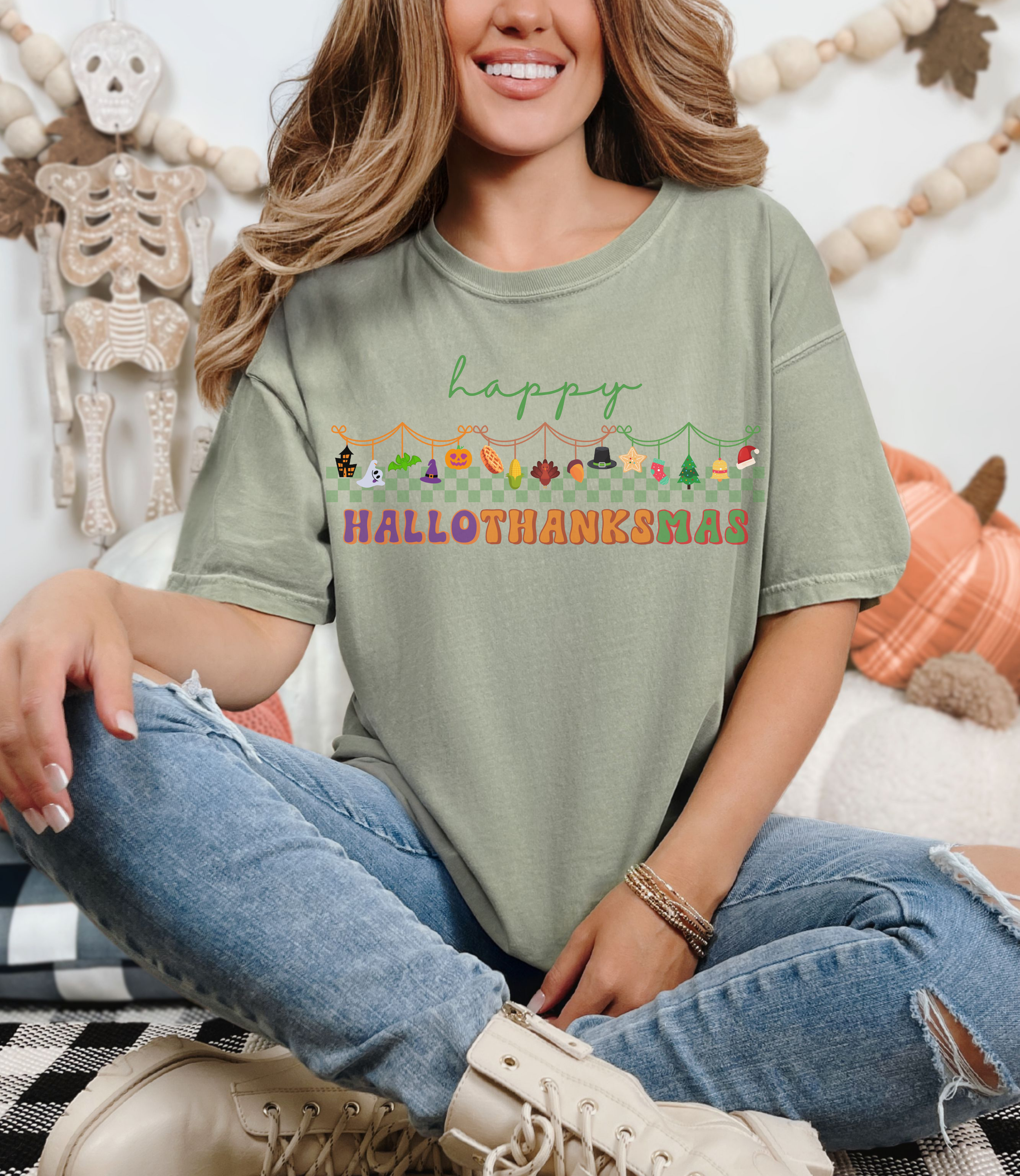 Happy Hallothanksmas Comfort Colors T-shirt , Halloween Thanksgiving Christmas