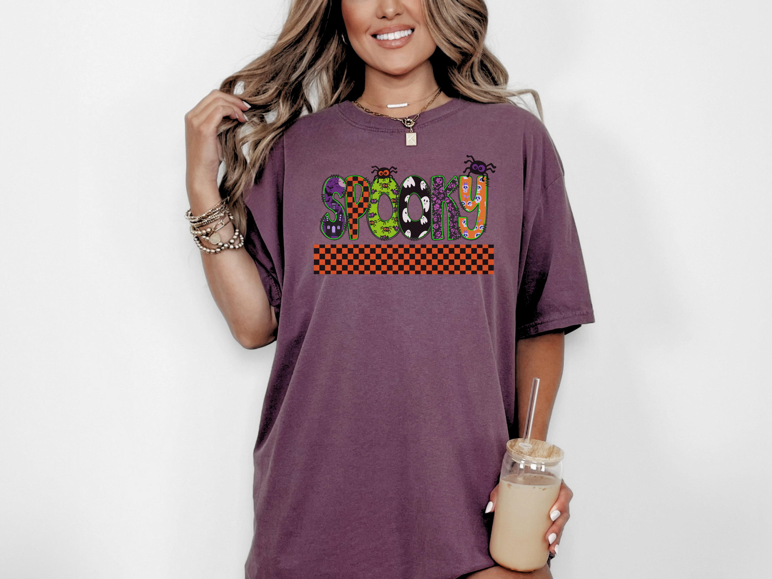 Spooky Halloween Comfort Colors T-shirt, Spiders Ghosts Skulls Check Tee