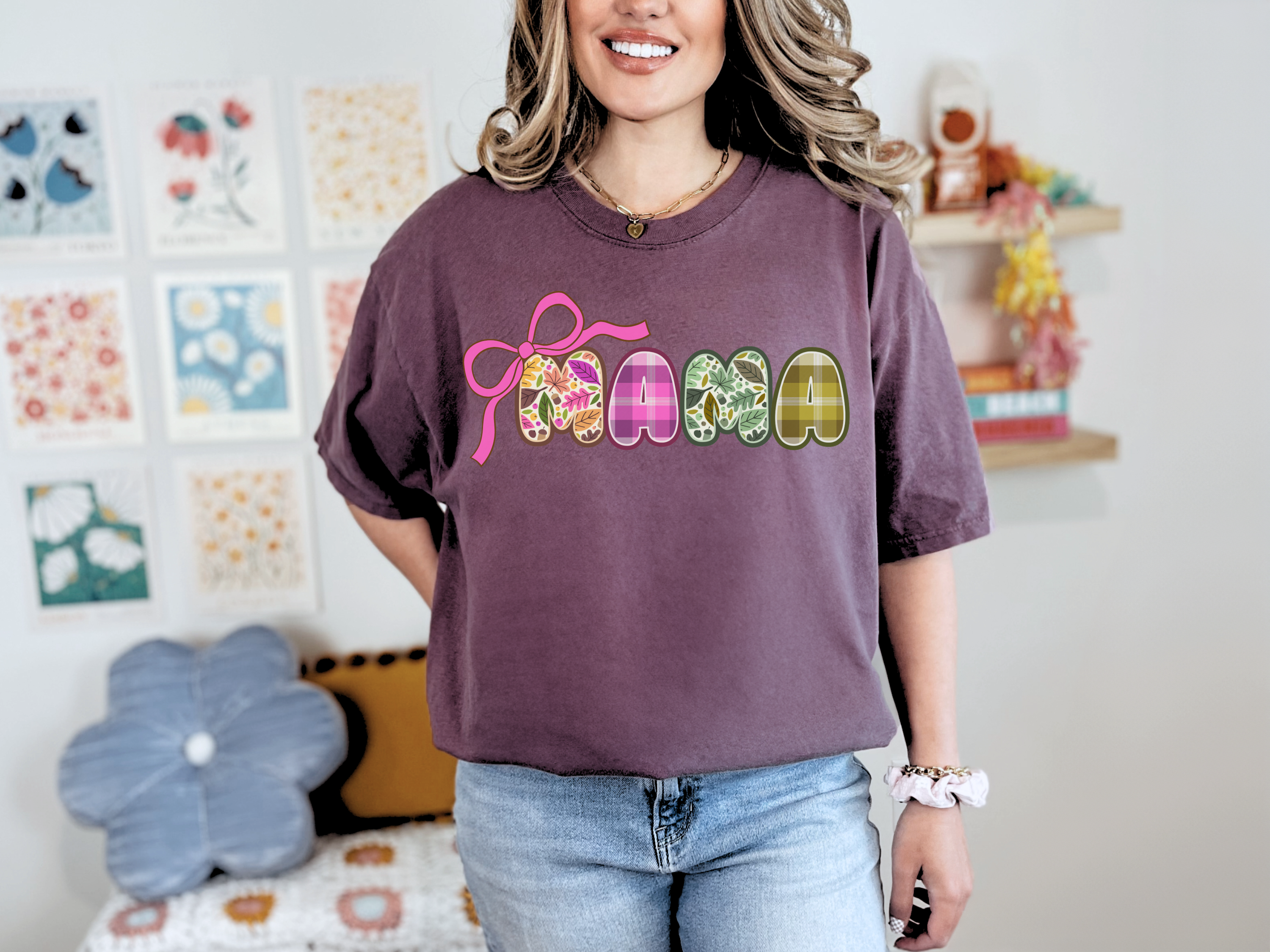 Fall MAMA Comfort Colors T-shirt with Bow, Autumn Tee, Plaid Shirt, Fall Leaves tshirt