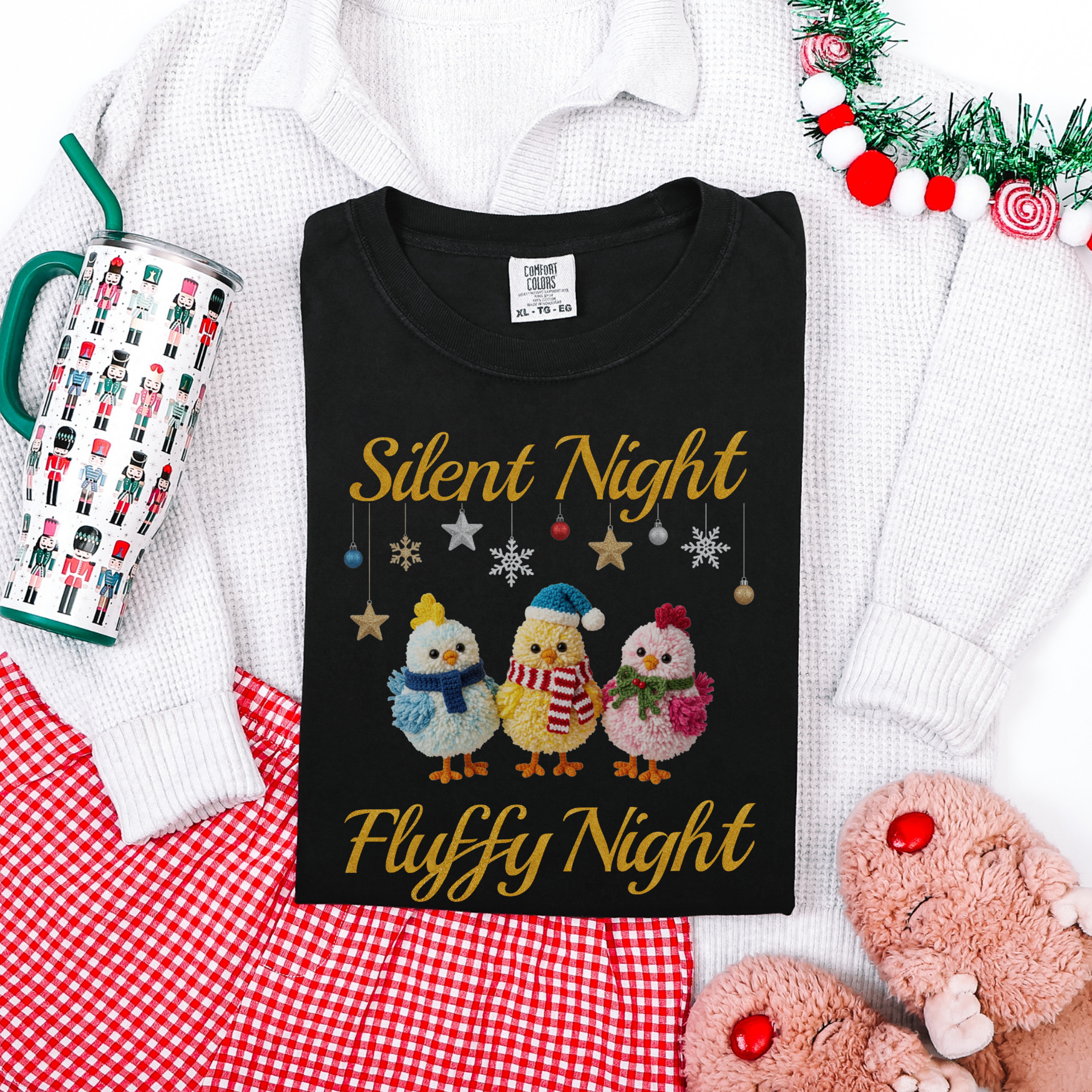 Silent Night Fluffy Night T-Shirt | Cute Chick Christmas Comfort Colors Tee | Funny Holiday Shirt | Cozy Winter Top