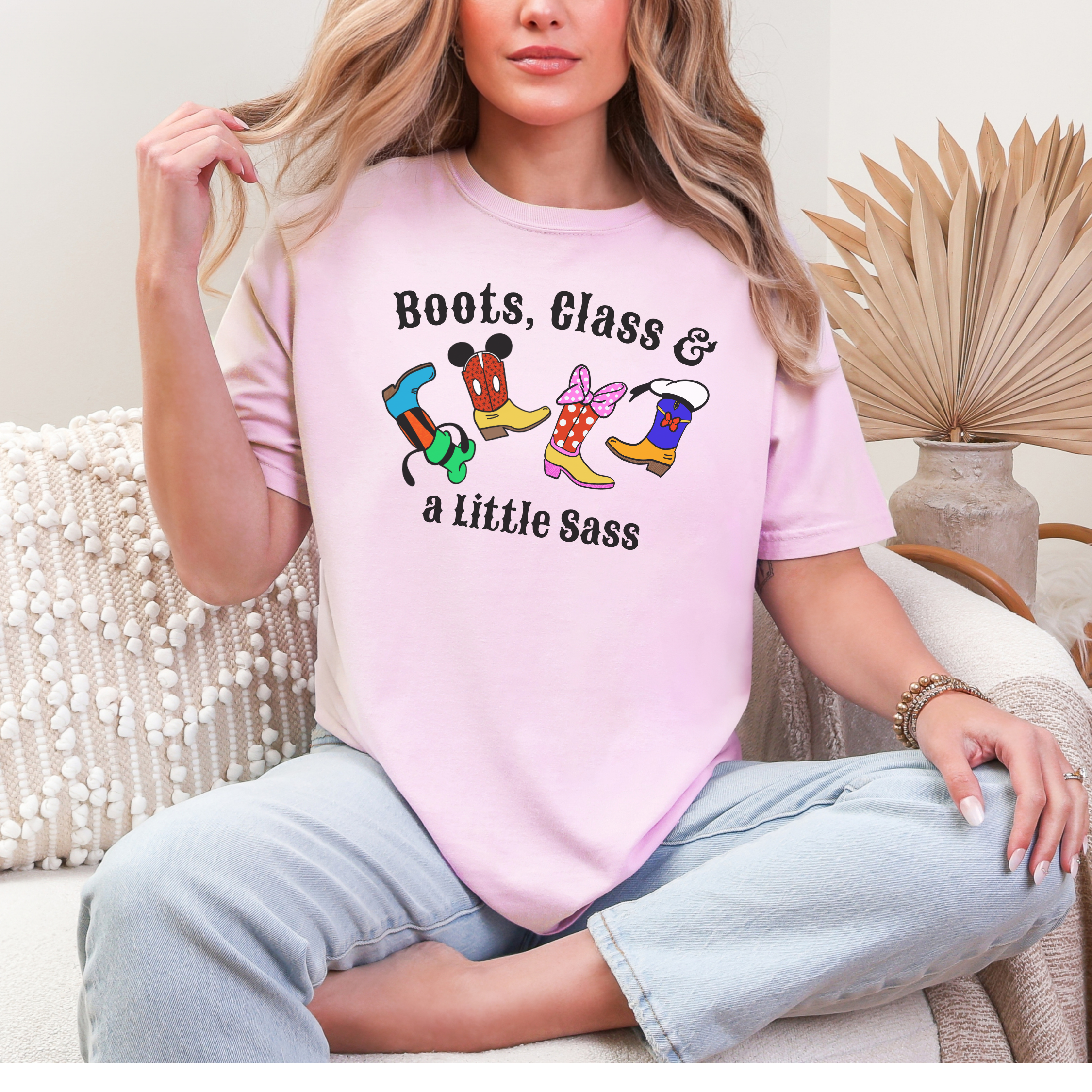 Boots Class and a Little Sass t-shirt, Adult Disney tee, Mickey, Minnie, Donald, Goofy, Cowboy boots, Cowgirl boots, Comfort Colors Unisex shirt