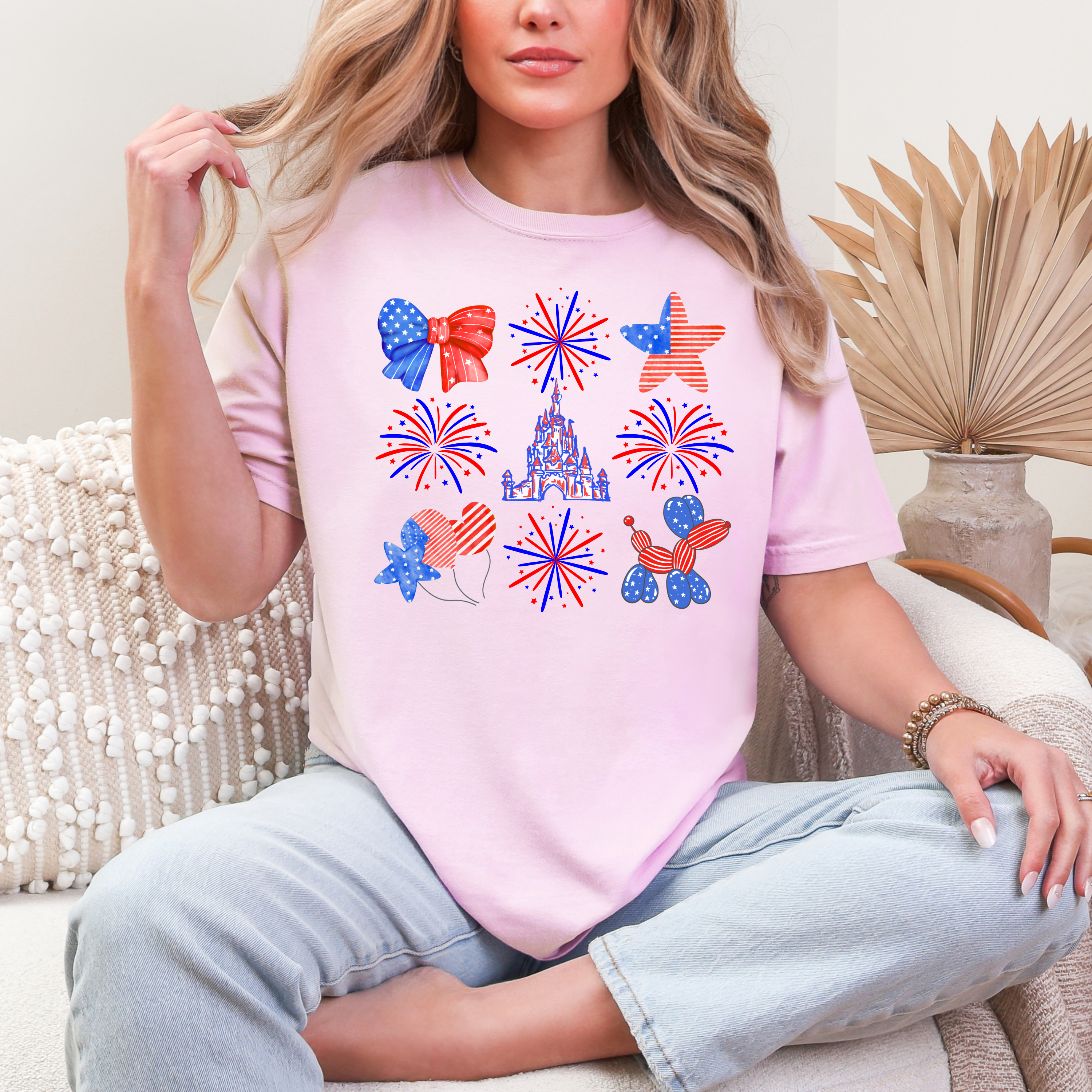 4th of July Disney Coquette Fireworks and Castle shirt, Red White Blue Patriotic bow balloon tee, Stars and Stripes t-shirt, Adult shirt