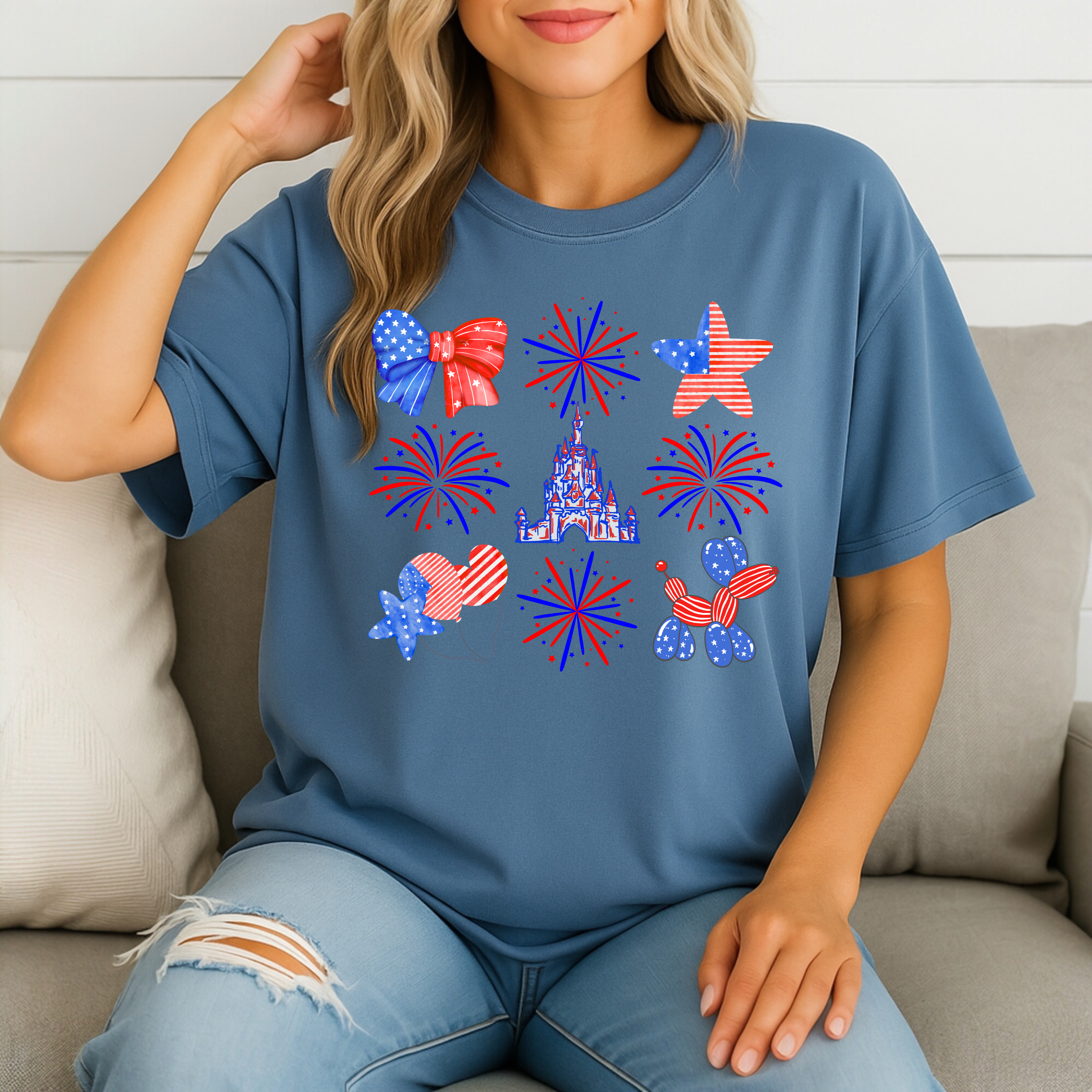 4th of July Disney Coquette Fireworks and Castle shirt, Red White Blue Patriotic bow balloon tee, Stars and Stripes t-shirt, Adult shirt