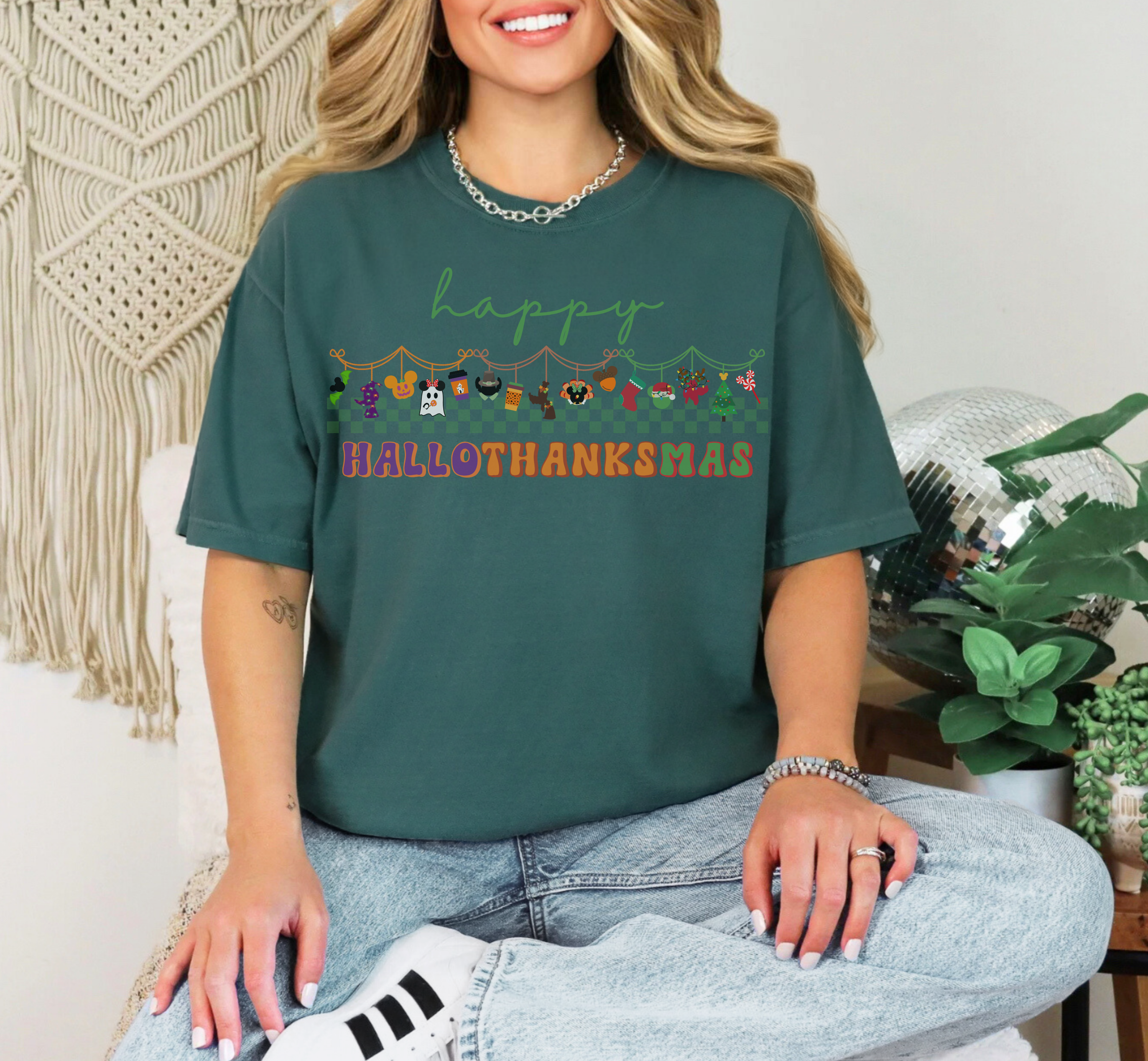 Happy Hallothanksmas Comfort Colors Shirt, Theme Park Style, Halloween Thanksgiving Christmas Tee