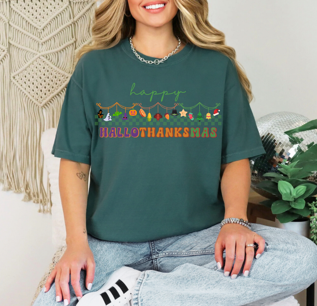 Happy Hallothanksmas Comfort Colors T-shirt , Halloween Thanksgiving Christmas