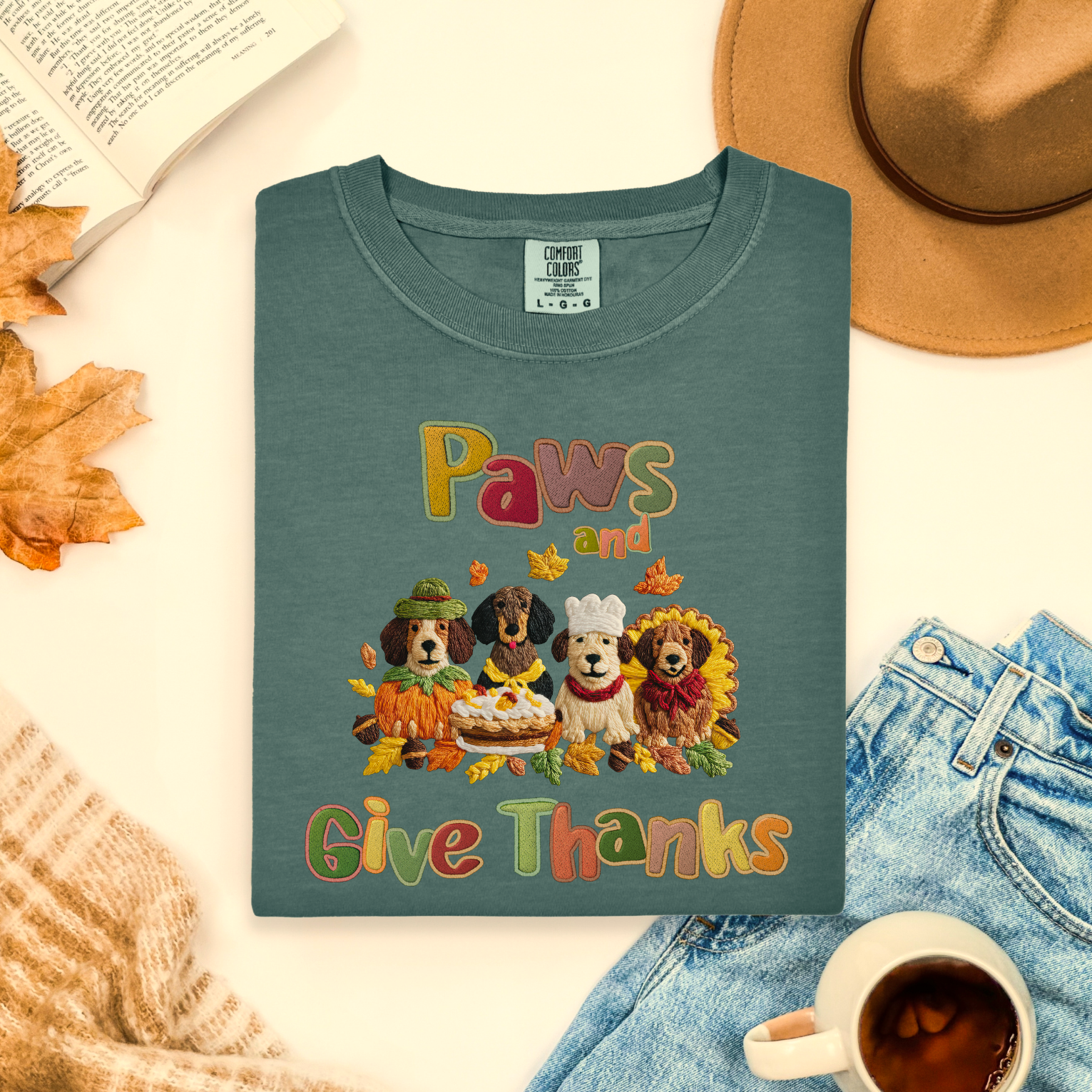 Paws and Give Thanks Dogs Faux Embroidery Comfort Colors T-shirt, Thanksgiving PetsTee, Animal Lover Shirt, Fall Gift for Dog Owners