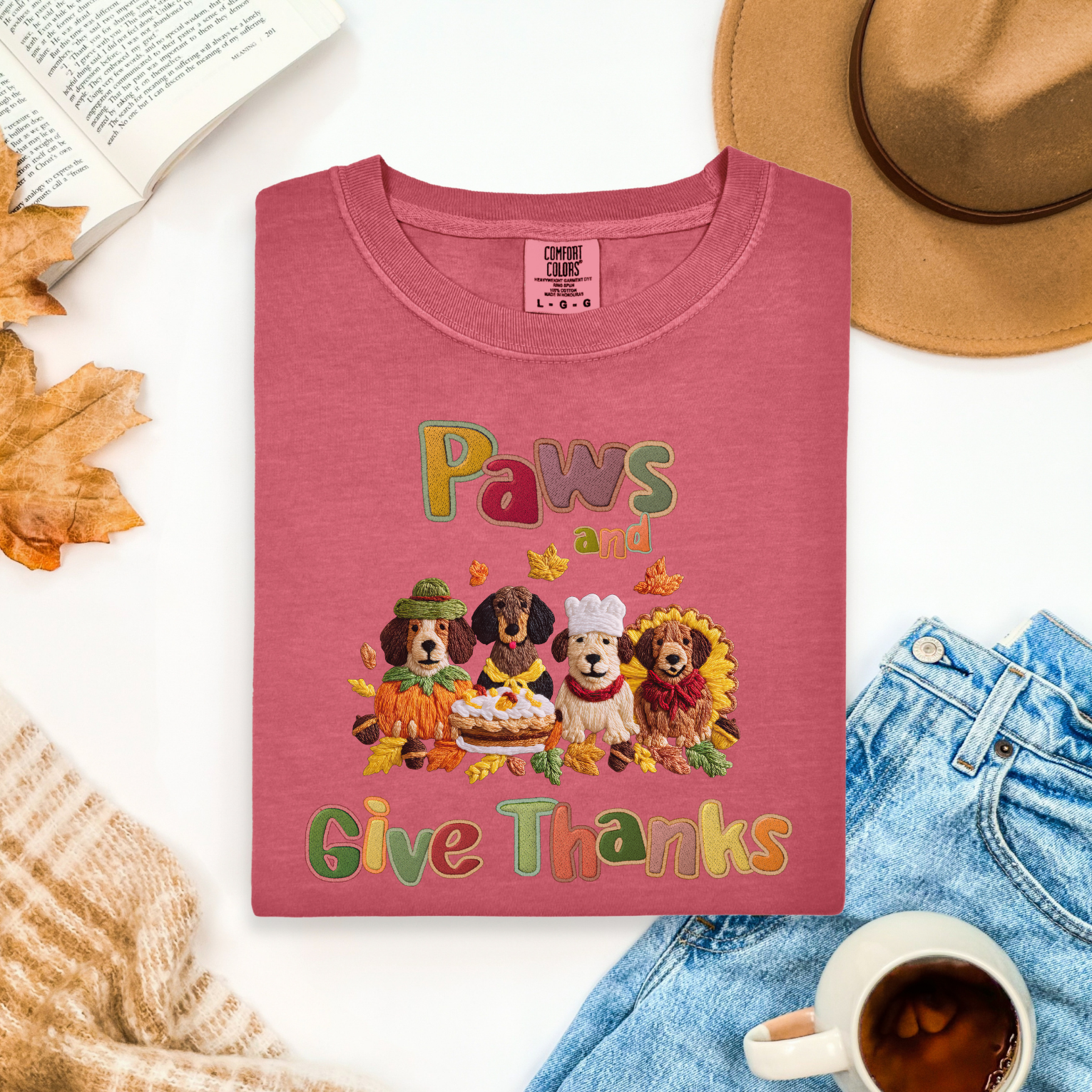 Paws and Give Thanks Dogs Faux Embroidery Comfort Colors T-shirt, Thanksgiving PetsTee, Animal Lover Shirt, Fall Gift for Dog Owners