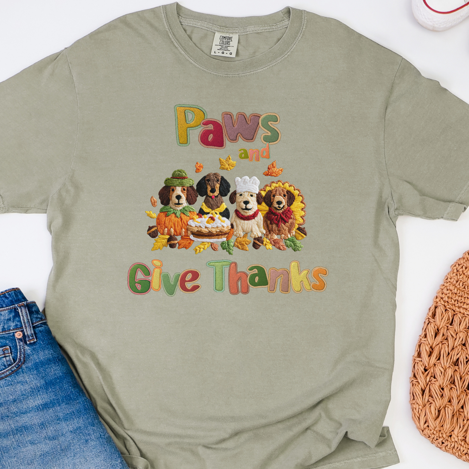 Paws and Give Thanks Dogs Faux Embroidery Comfort Colors T-shirt, Thanksgiving PetsTee, Animal Lover Shirt, Fall Gift for Dog Owners