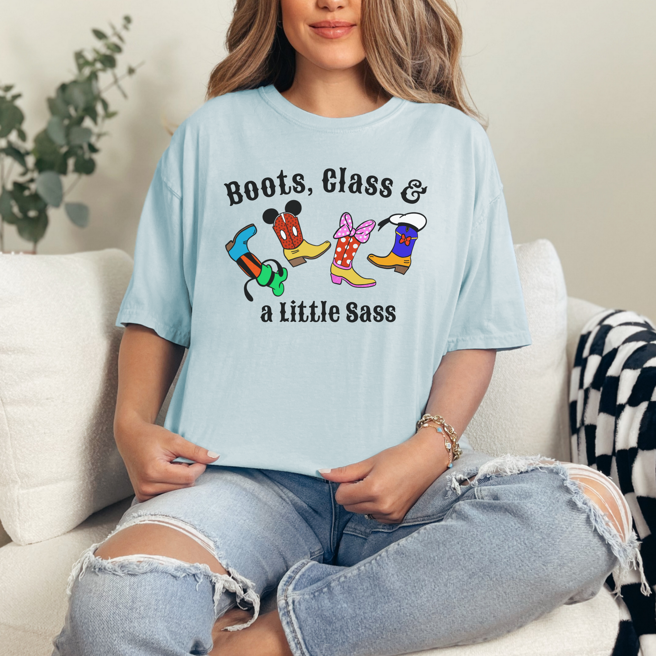 Boots Class and a Little Sass t-shirt, Adult Disney tee, Mickey, Minnie, Donald, Goofy, Cowboy boots, Cowgirl boots, Comfort Colors Unisex shirt