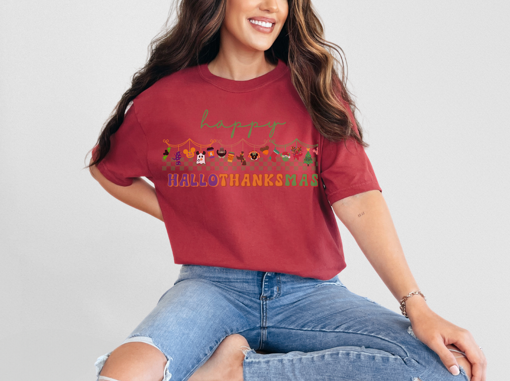 Happy Hallothanksmas Comfort Colors Shirt, Theme Park Style, Halloween Thanksgiving Christmas Tee