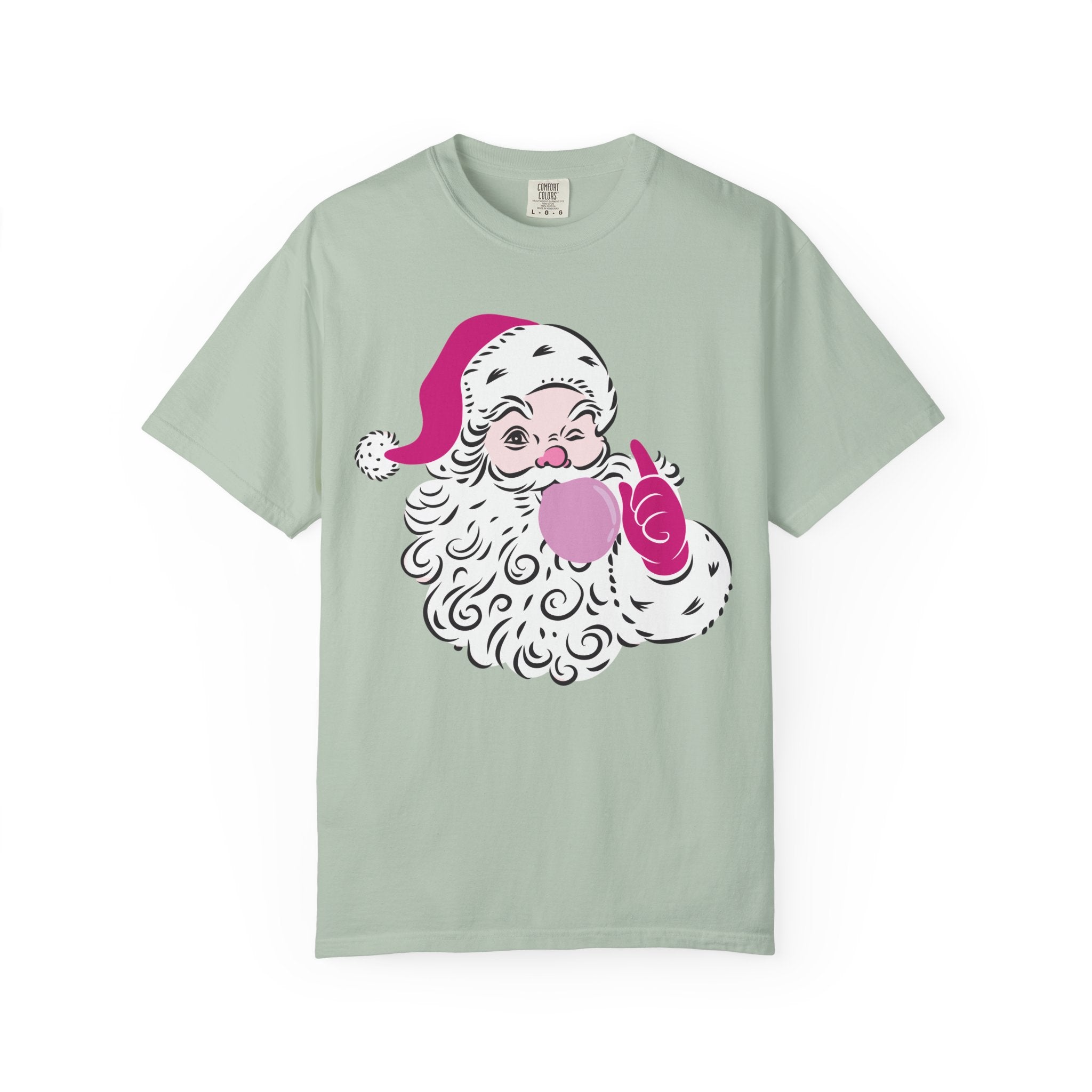 Pink Winking Santa Blowing Bubble Comfort Color T-Shirt. Merry Christmas Tee, Woman's Holiday Shirt