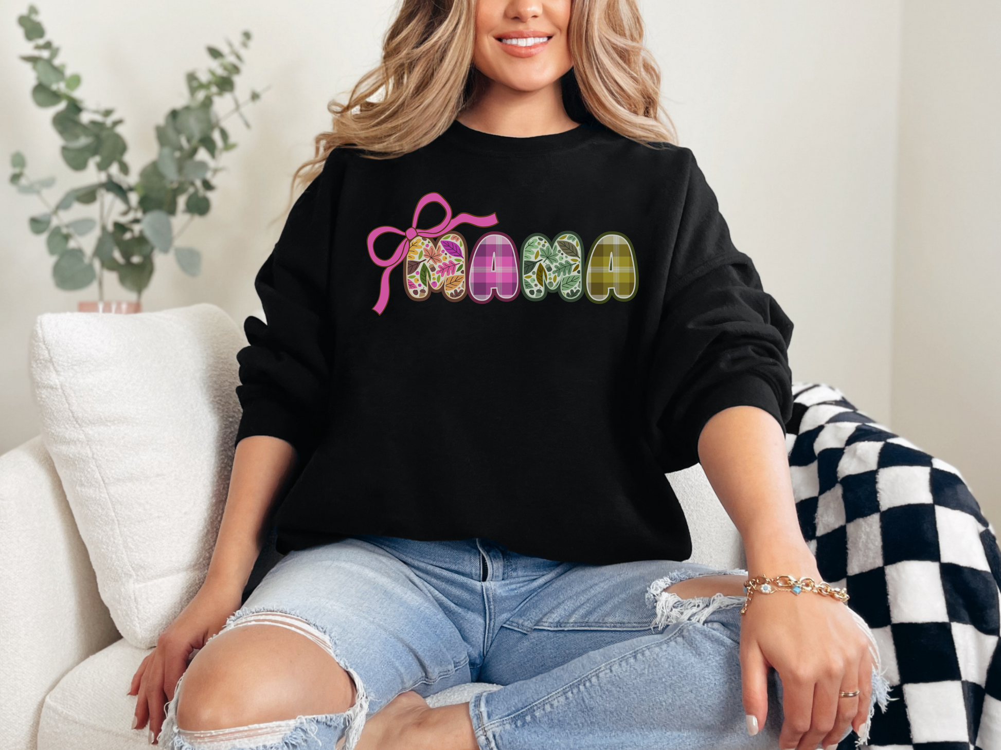 Fall MAMA Gildan Sweatshirt with Bow, Autumn Plaid Mom Shirt, Fall Leaves