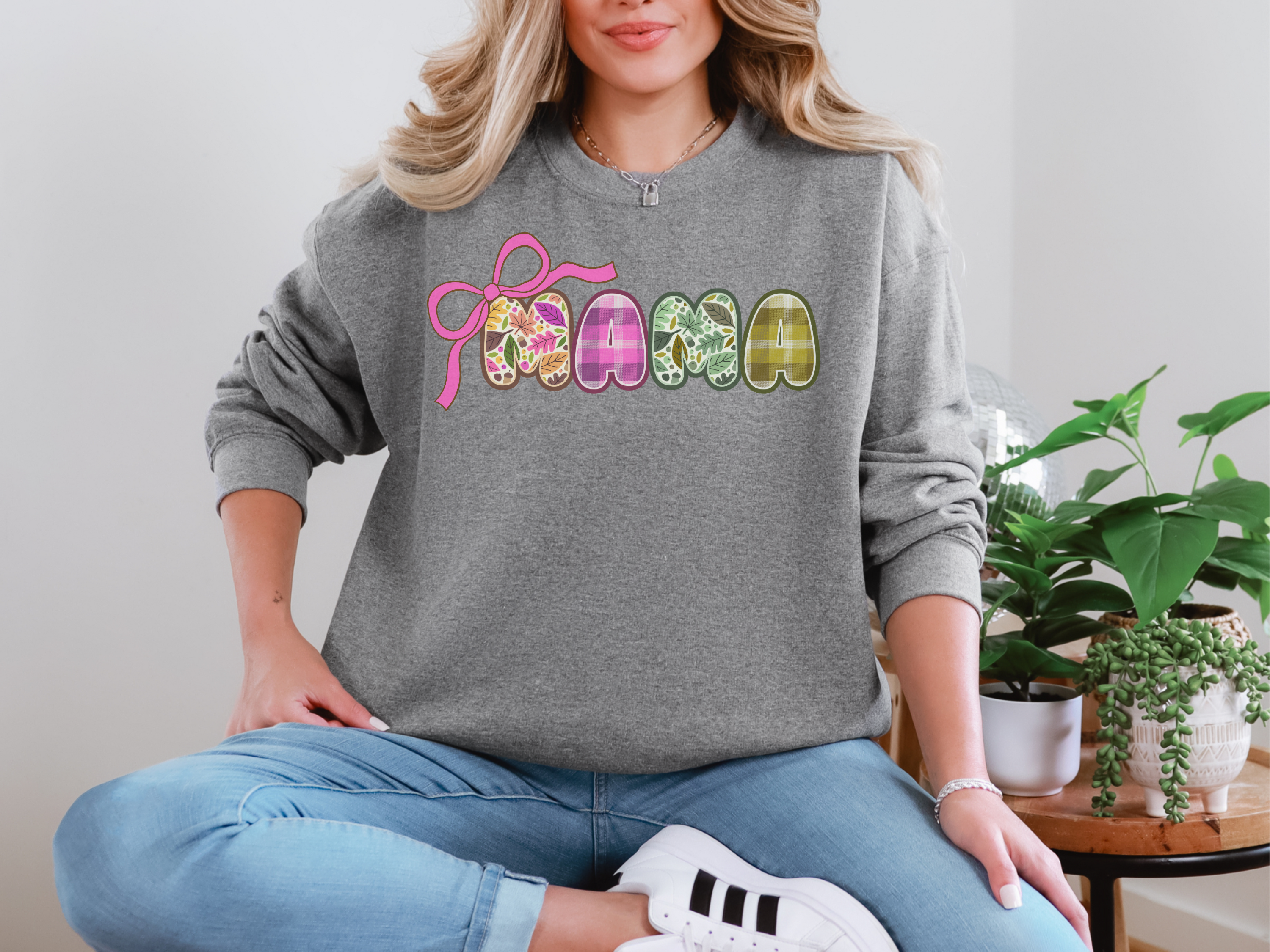 Fall MAMA Gildan Sweatshirt with Bow, Autumn Plaid Mom Shirt, Fall Leaves