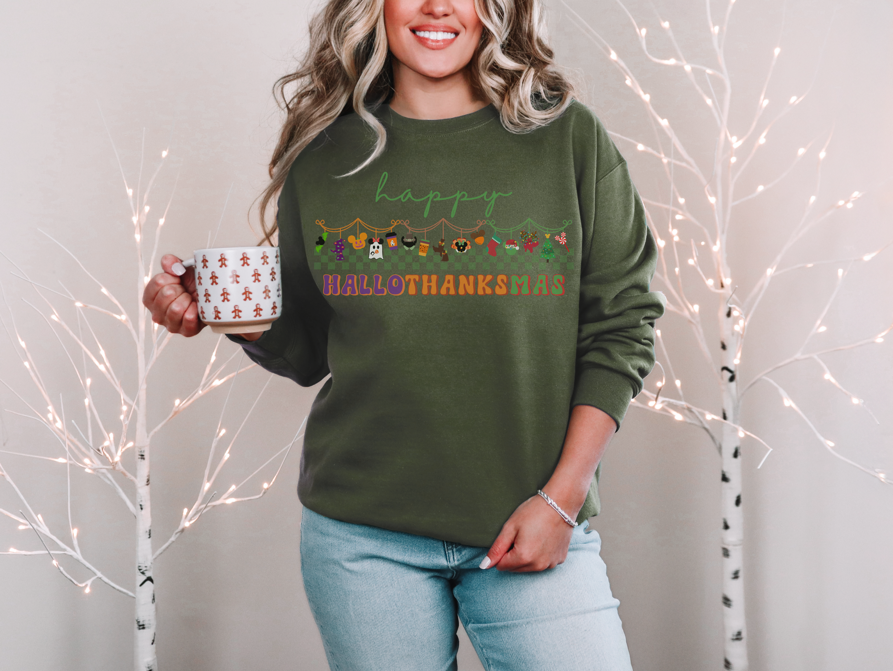 Happy Hallothanksmas Gildan Sweatshirt, Theme Park Style Crewneck, Halloween Thanksgiving and Christmas