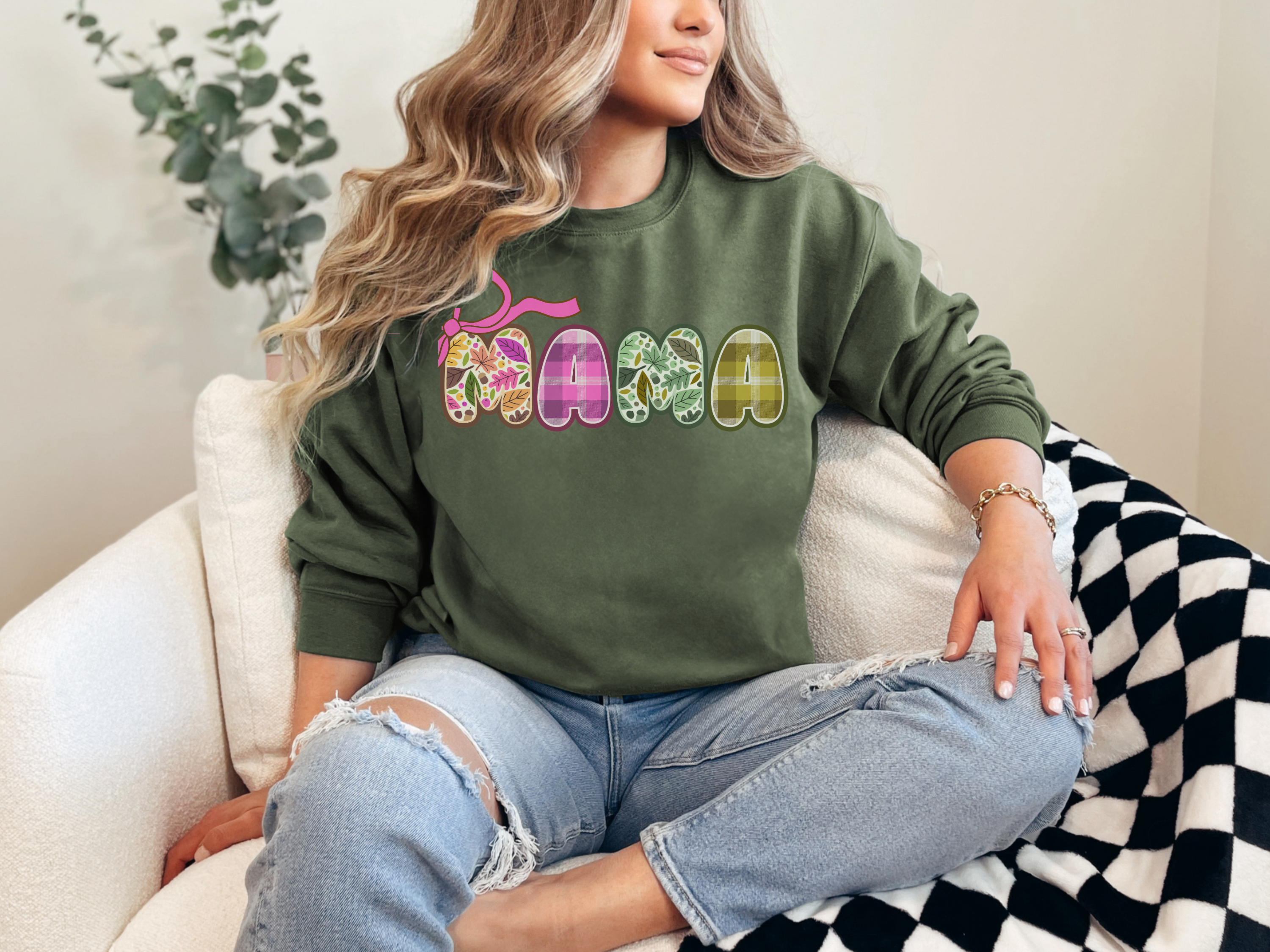 Fall MAMA Gildan Sweatshirt with Bow, Autumn Plaid Mom Shirt, Fall Leaves