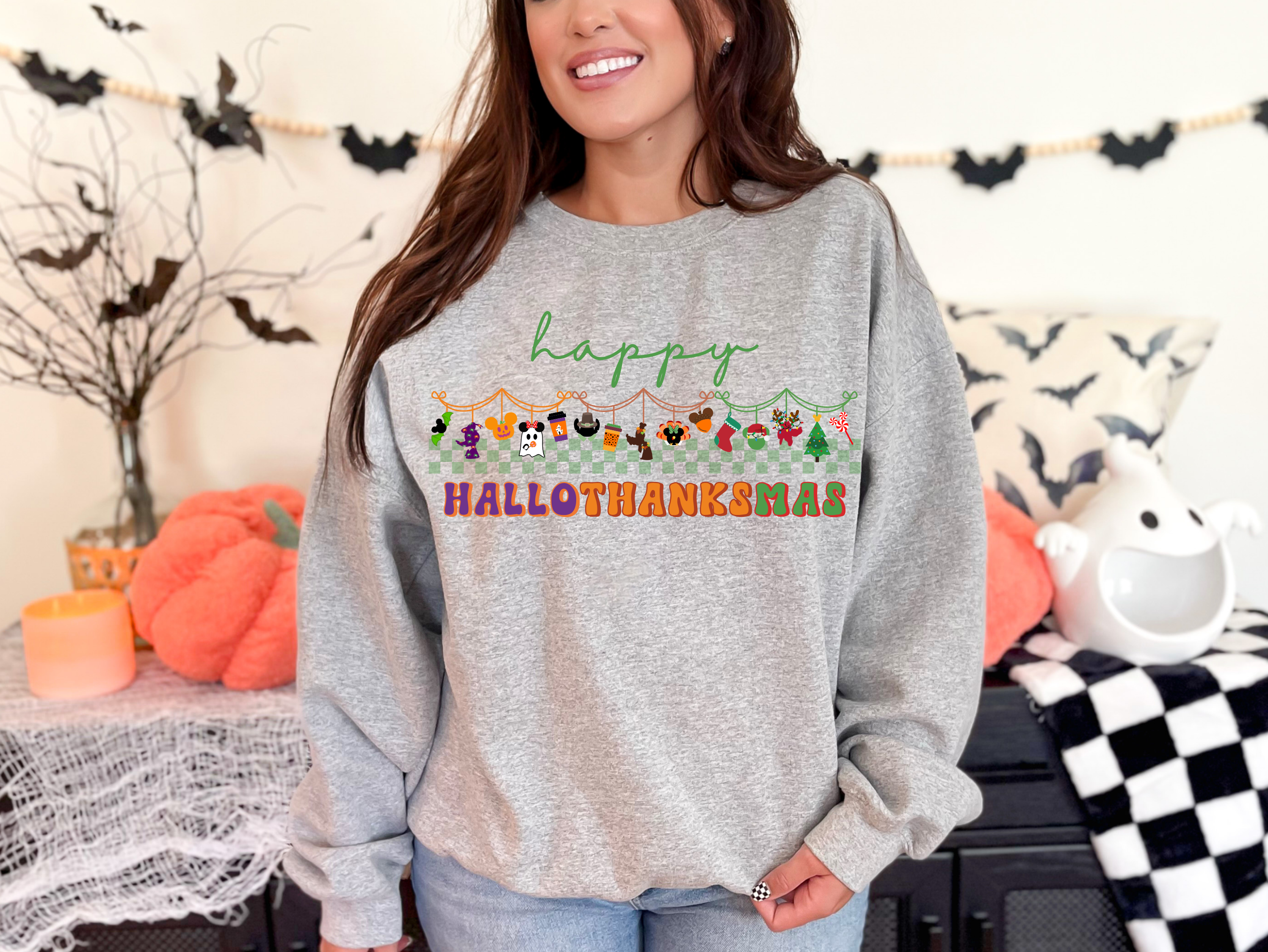 Happy Hallothanksmas Gildan Sweatshirt, Theme Park Style Crewneck, Halloween Thanksgiving and Christmas