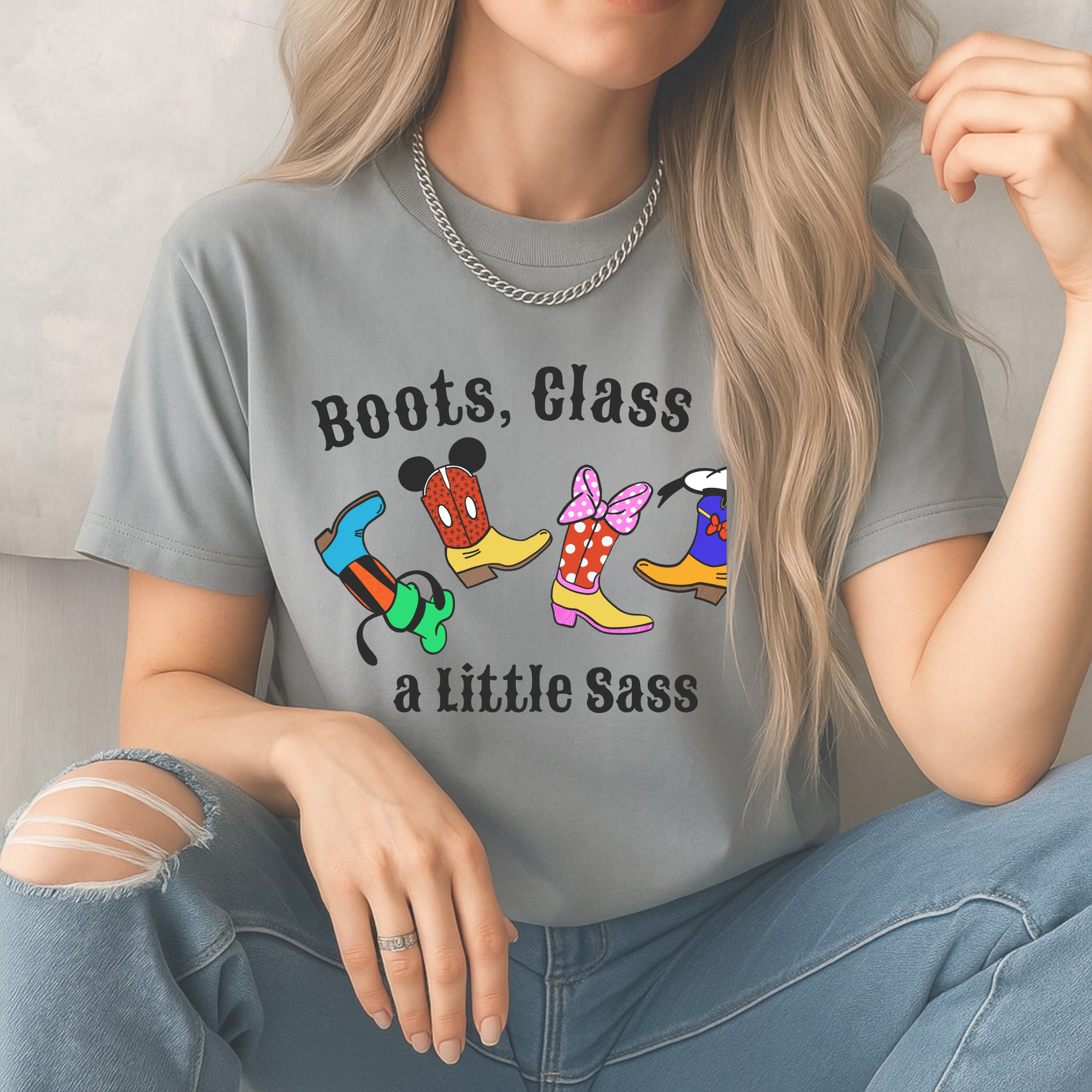 Boots Class and a Little Sass t-shirt, Adult Disney tee, Mickey, Minnie, Donald, Goofy, Cowboy boots, Cowgirl boots, Comfort Colors Unisex shirt