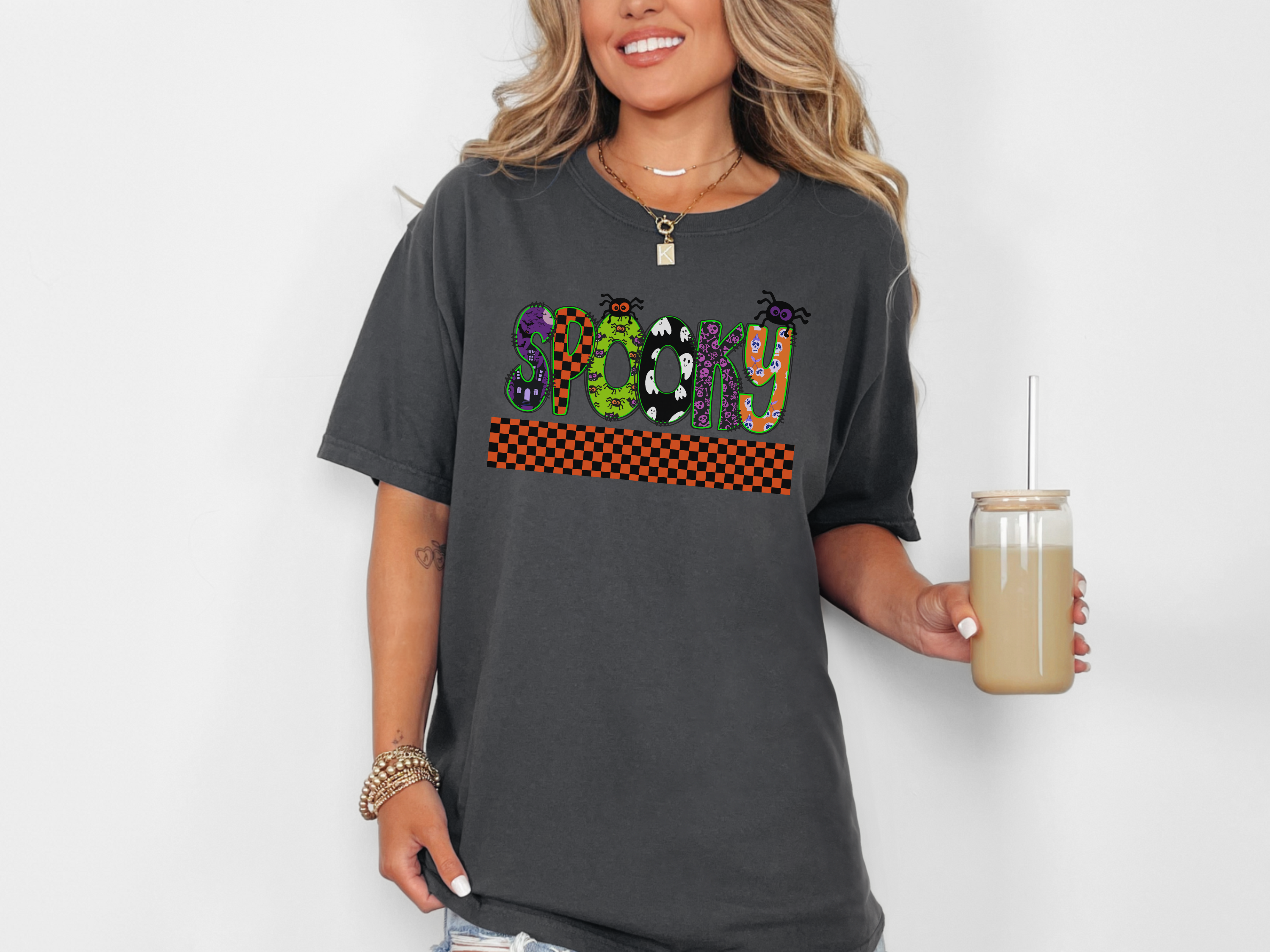 Spooky Halloween Comfort Colors T-shirt, Spiders Ghosts Skulls Check Tee