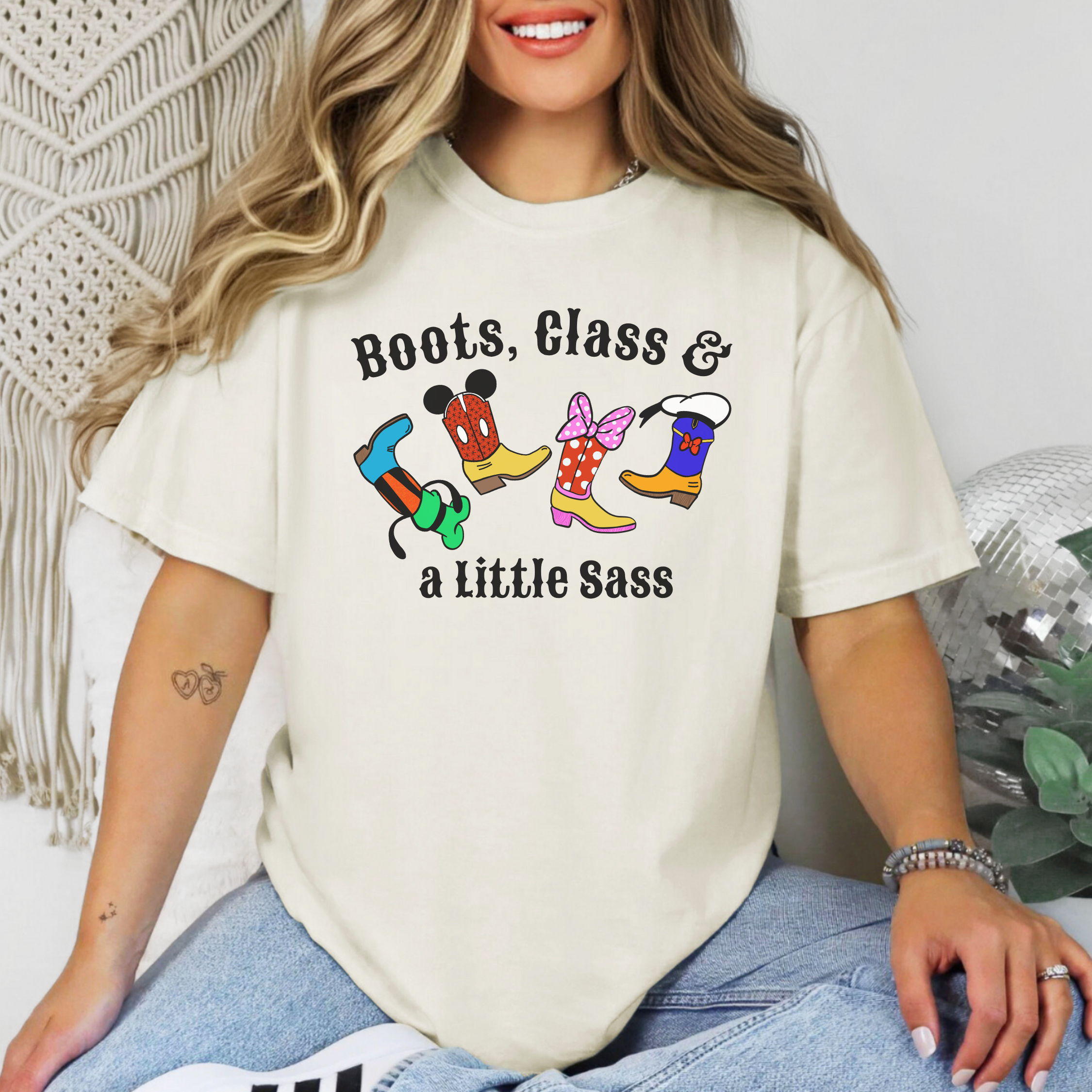 Boots Class and a Little Sass t-shirt, Adult Disney tee, Mickey, Minnie, Donald, Goofy, Cowboy boots, Cowgirl boots, Comfort Colors Unisex shirt