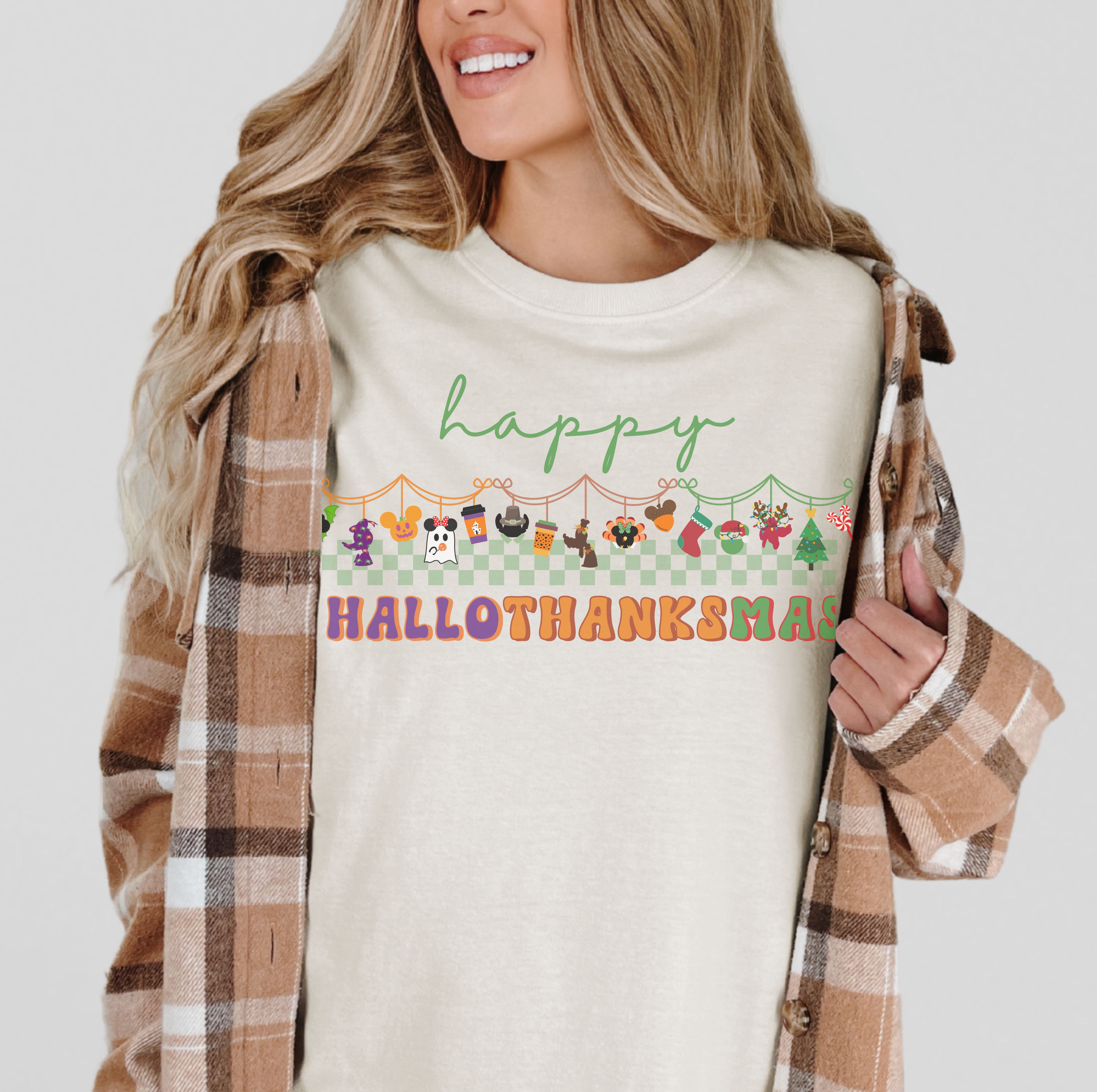 Happy Hallothanksmas Comfort Colors Shirt, Theme Park Style, Halloween Thanksgiving Christmas Tee