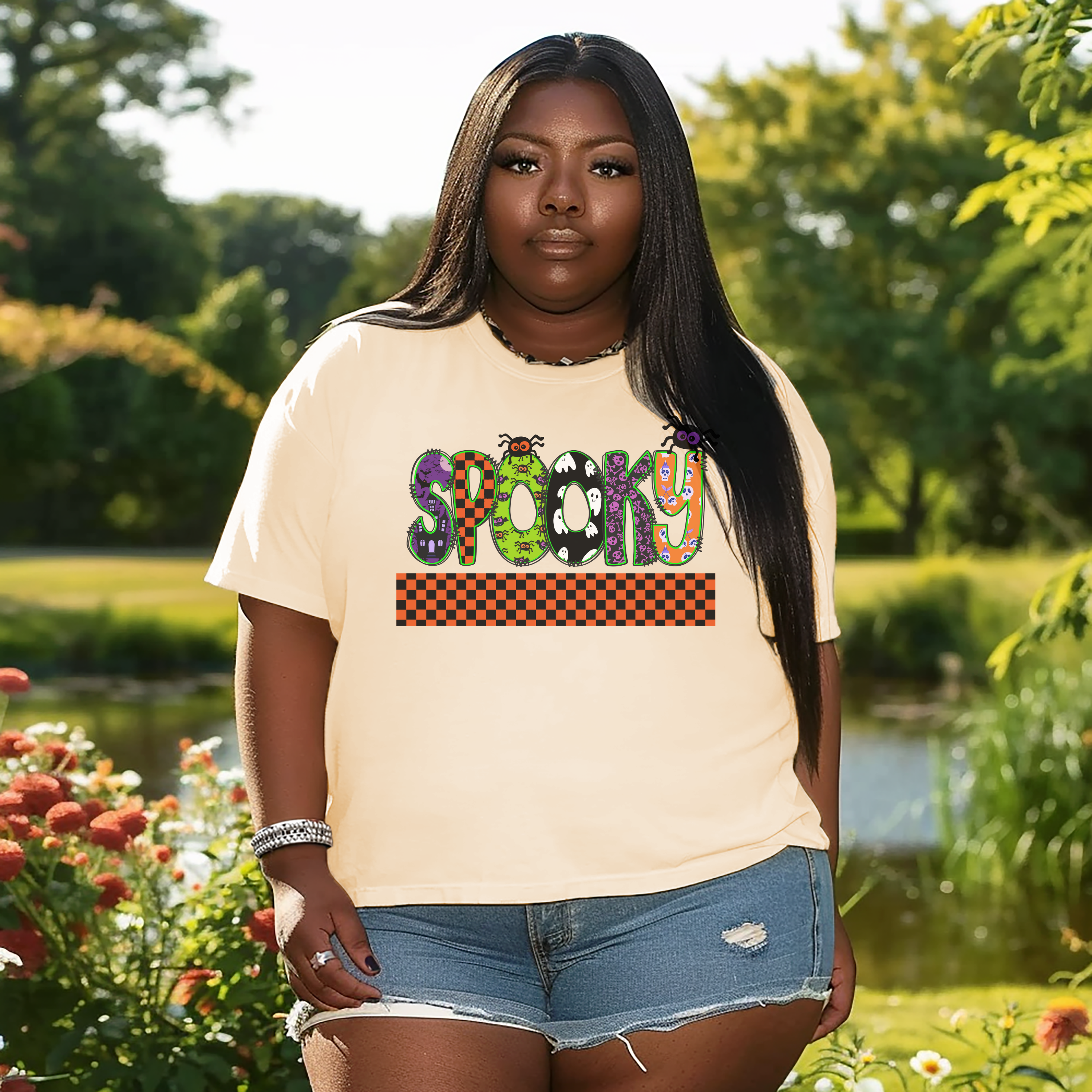 Spooky Halloween Comfort Colors T-shirt, Spiders Ghosts Skulls Check Tee