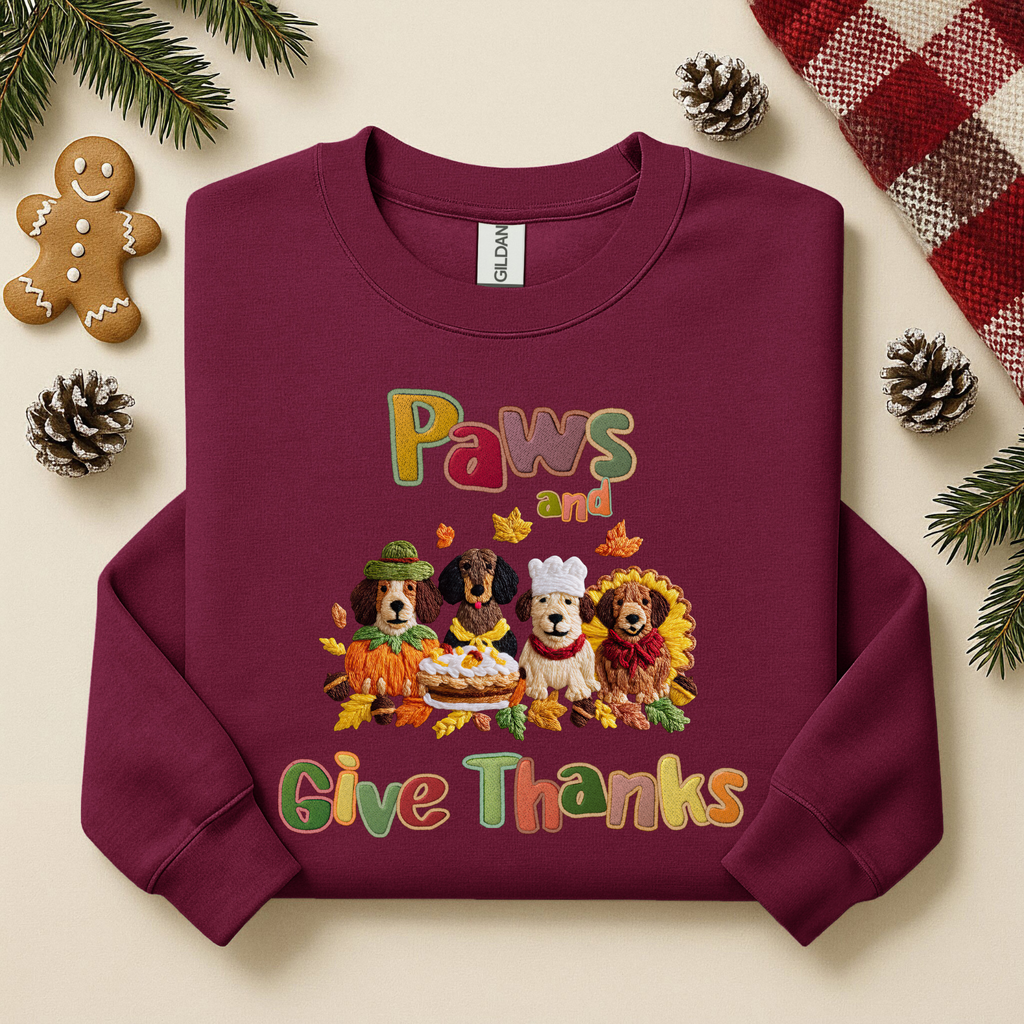 Paws and Give Thanks Dogs Faux Embroidery Gildan Sweatshirt, Thanksgiving Pets Crewneck, Animal Lover Shirt, Fall Gift for Dog Owners