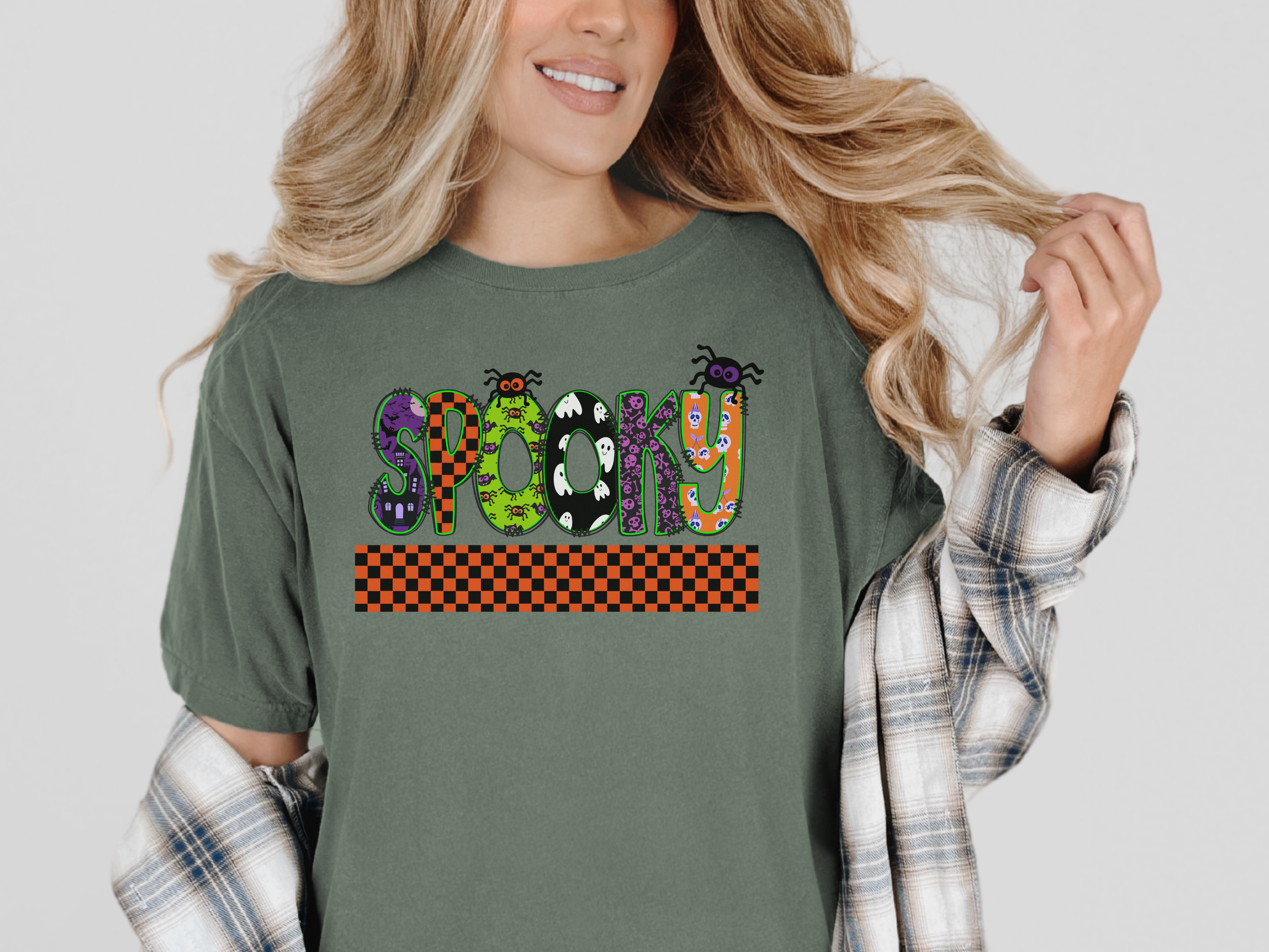 Spooky Halloween Comfort Colors T-shirt, Spiders Ghosts Skulls Check Tee