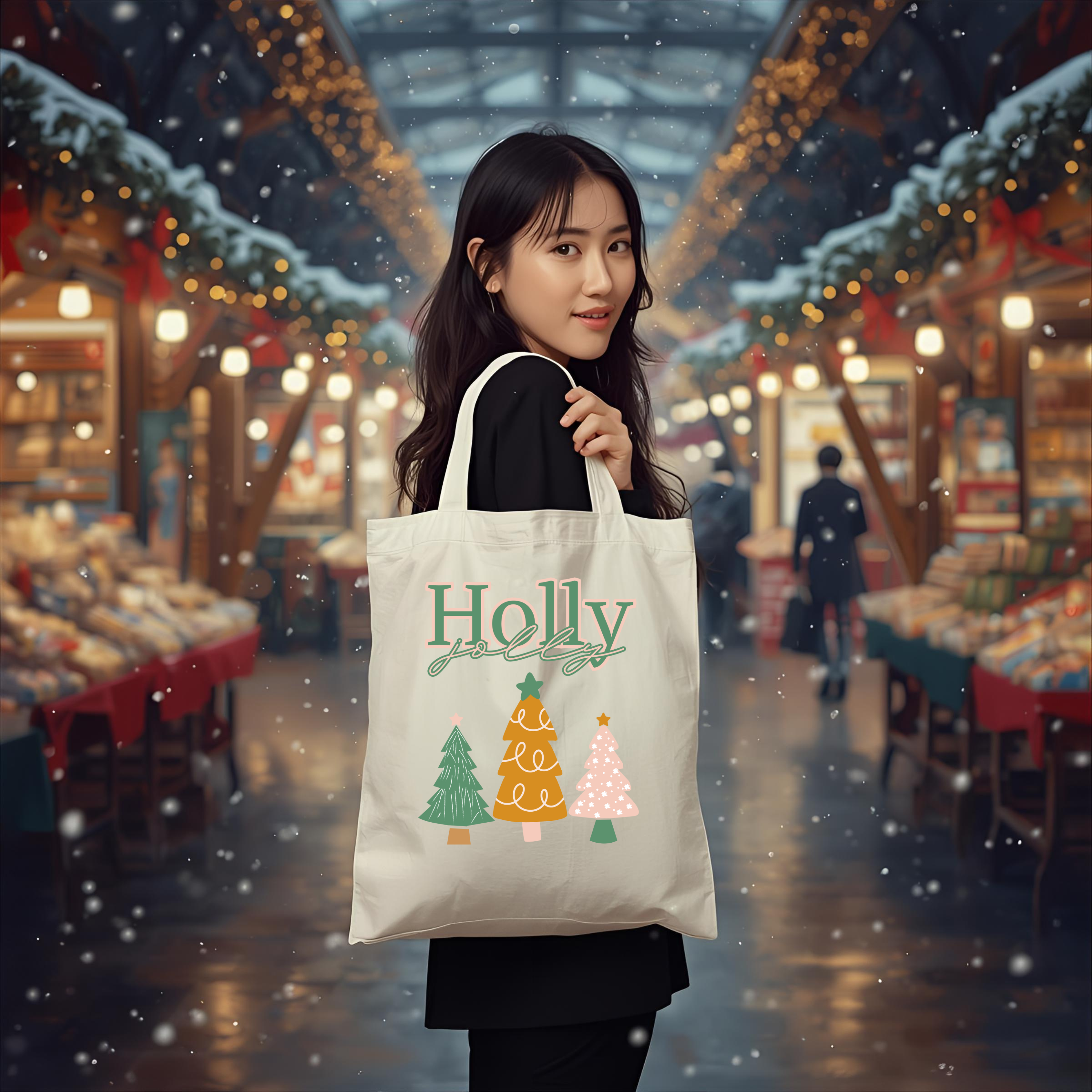 'Holly Jolly' Cotton Canvas Tote Bag, Reusable Christmas Shopping Tote