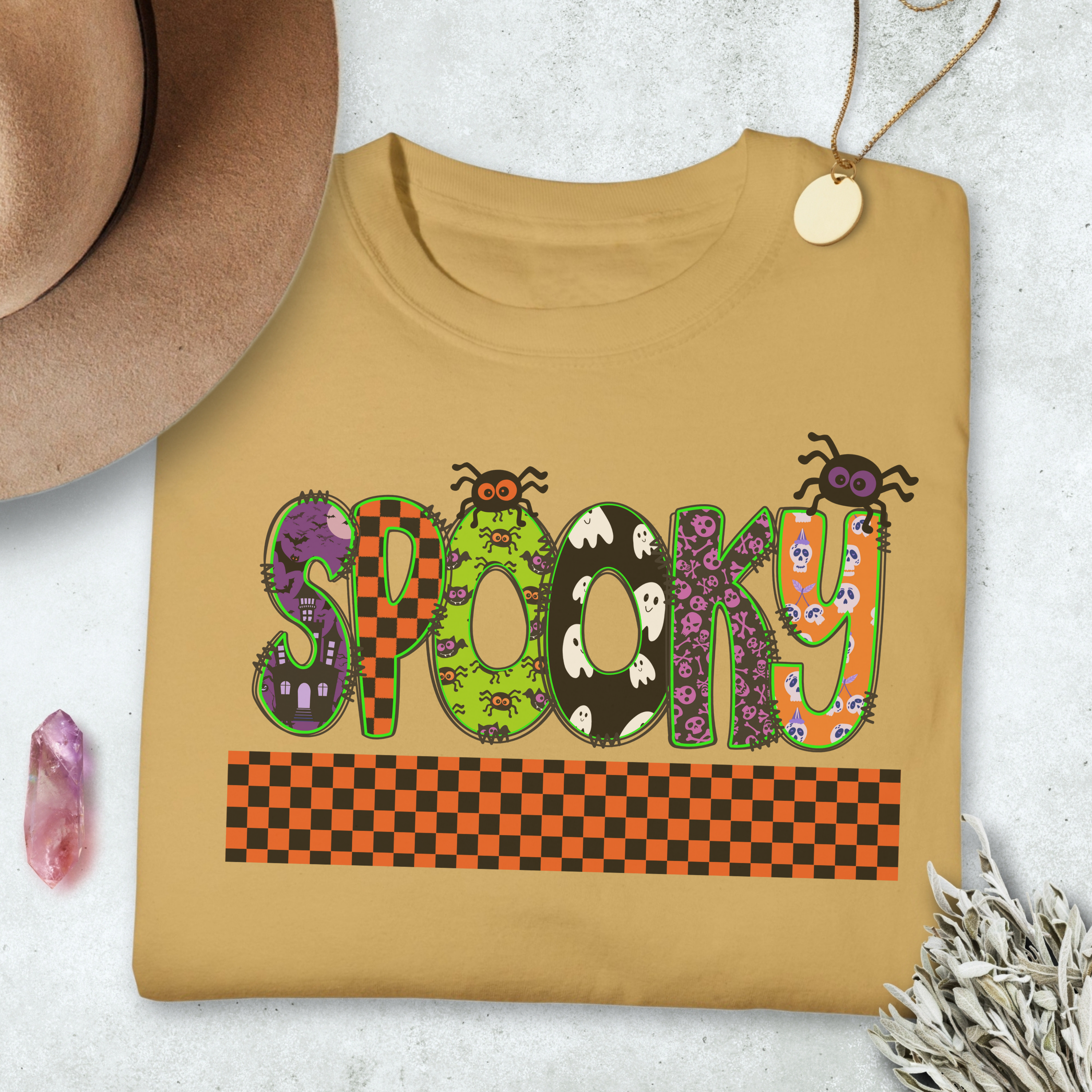 Spooky Halloween Comfort Colors T-shirt, Spiders Ghosts Skulls Check Tee